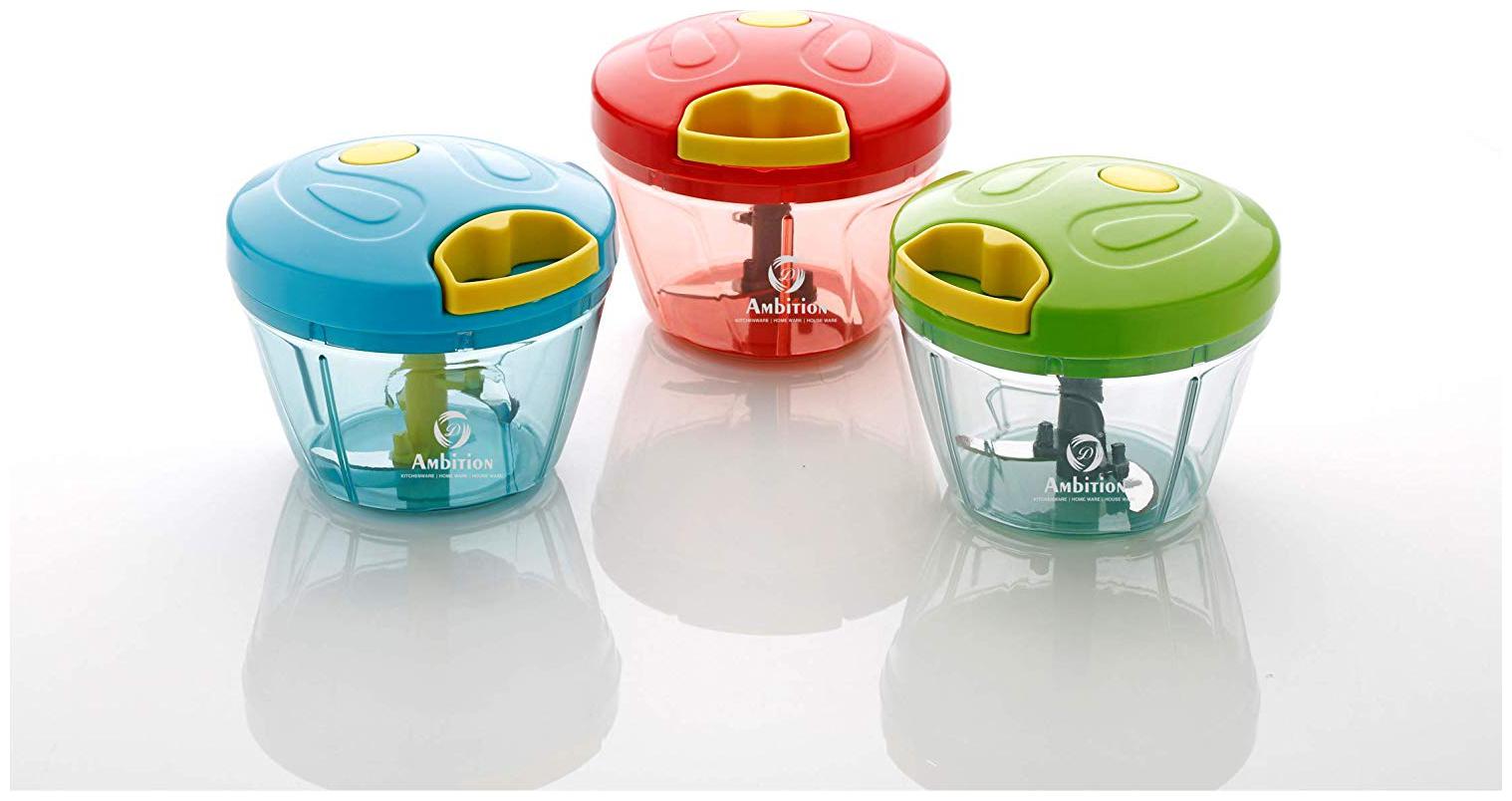 

SKYFLY New Handy Chopper Vegetable Cutter and Chilly Cutter Chopper 3 Stainless Steel Blade System (650 ml 3 Piece Multicolor)