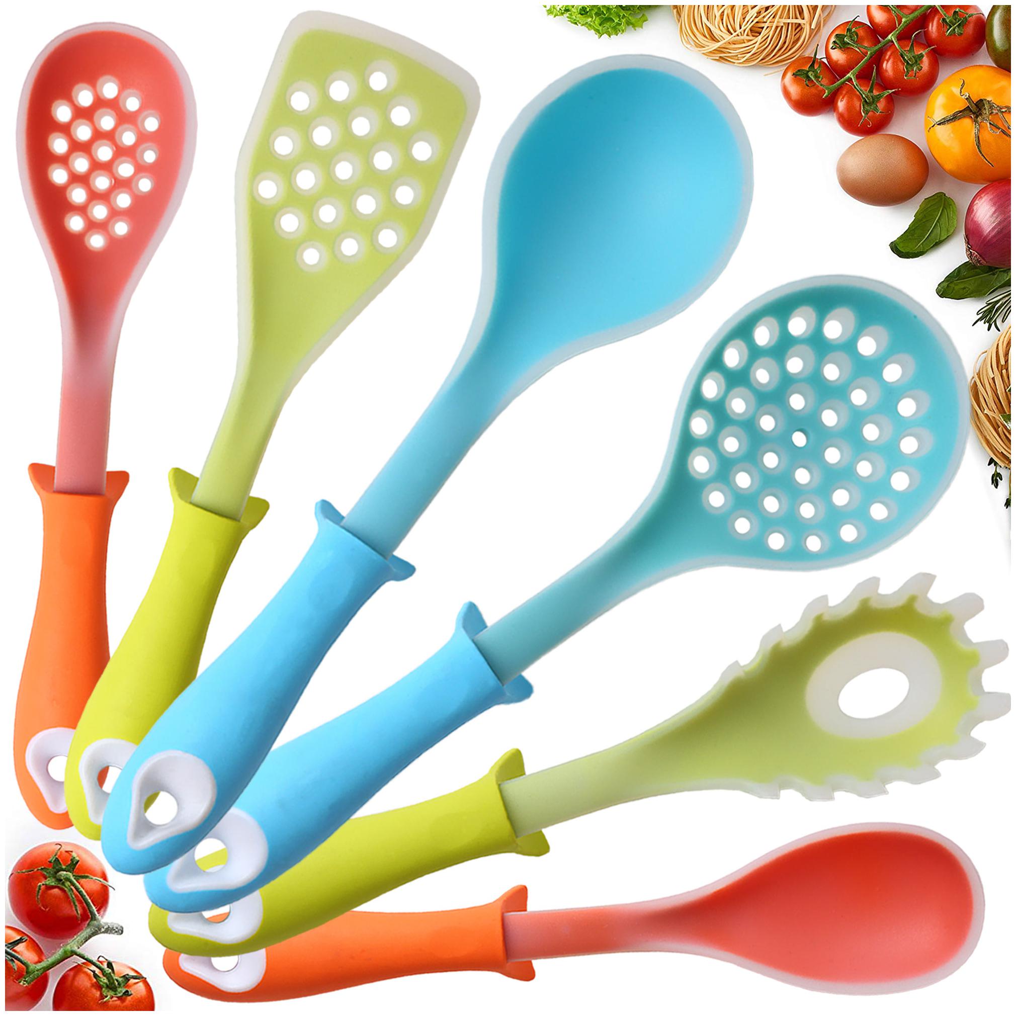 

Smile Mom Silicone Cooking Utensil Set of 6 (Extra Large) for Non-Stick Cookware Heat Resistant Kitchen Tools 1 Skimmer 1 Ladle 1 Turner 1 Spaghetti Server 1 Slotted 1 Food Spoon