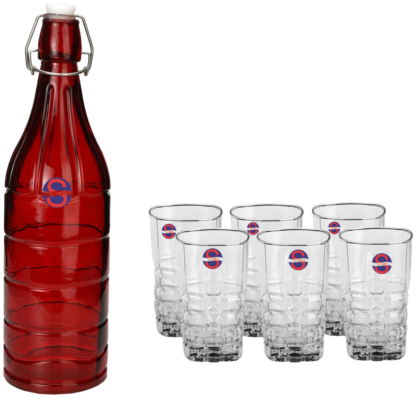 

Somil Glass Red Transparent Water Bottle ( 1000 ml Set of 7 )