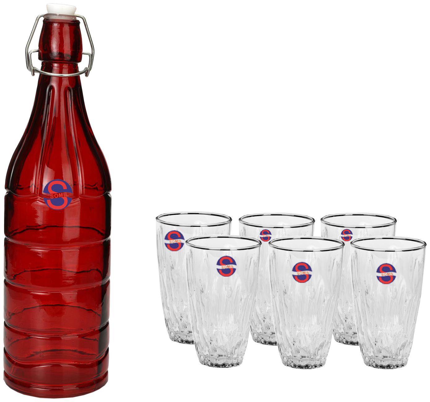 

Somil Glass Red Transparent Water Bottle ( 1000 ml Set of 7 )