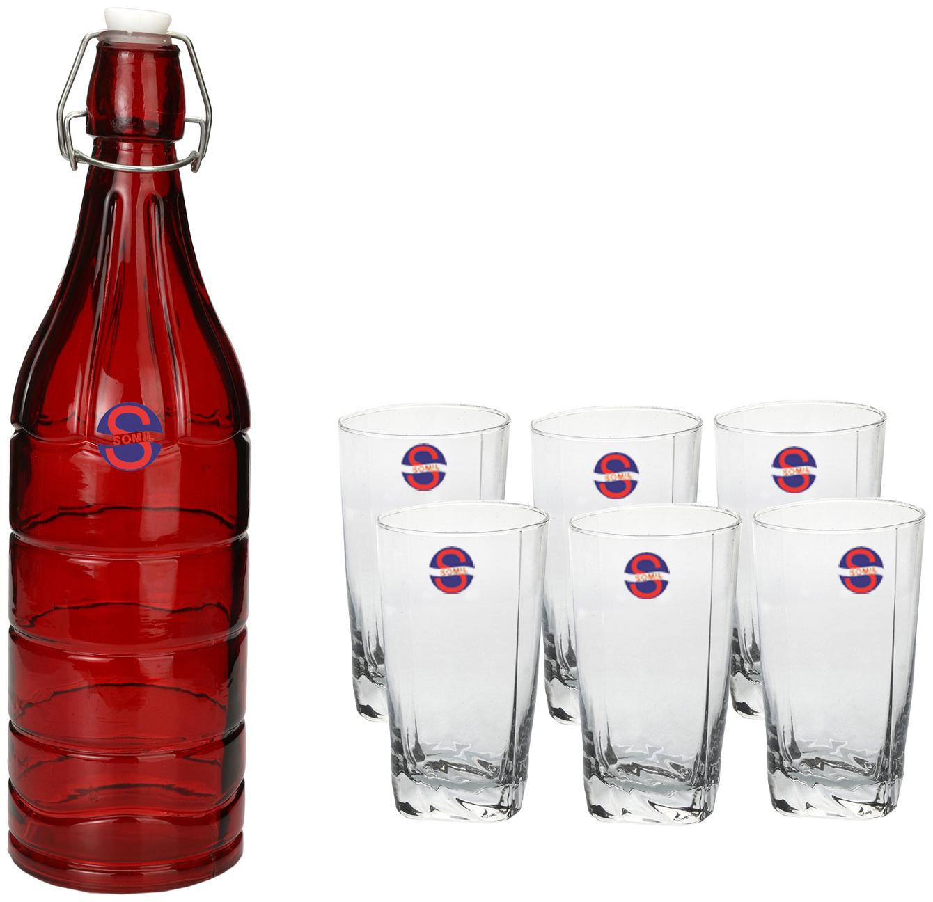 

Somil Glass Red Transparent Water Bottle ( 1000 ml Set of 7 )