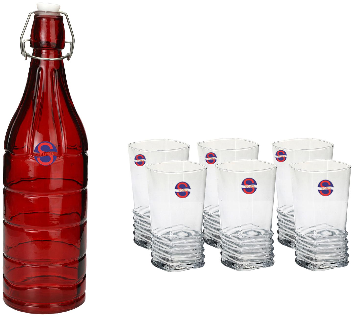 

Somil Glass Red Transparent Water Bottle ( 1000 ml Set of 7 )