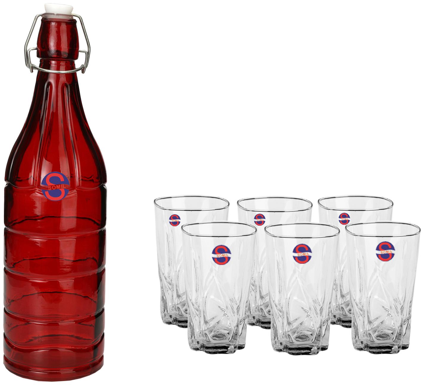 

Somil Glass Red Transparent Water Bottle ( 1000 ml Set of 7 )