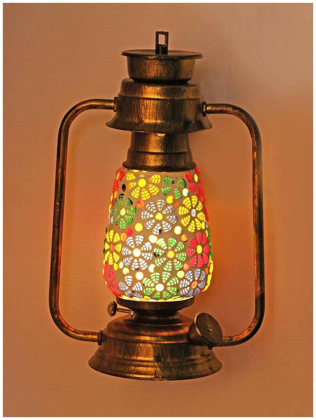 

Somil Antique Wall Mount Lantern Lamp Light With Glass Hand Decorated With Colorful Articles For Special Lighting Effects A5