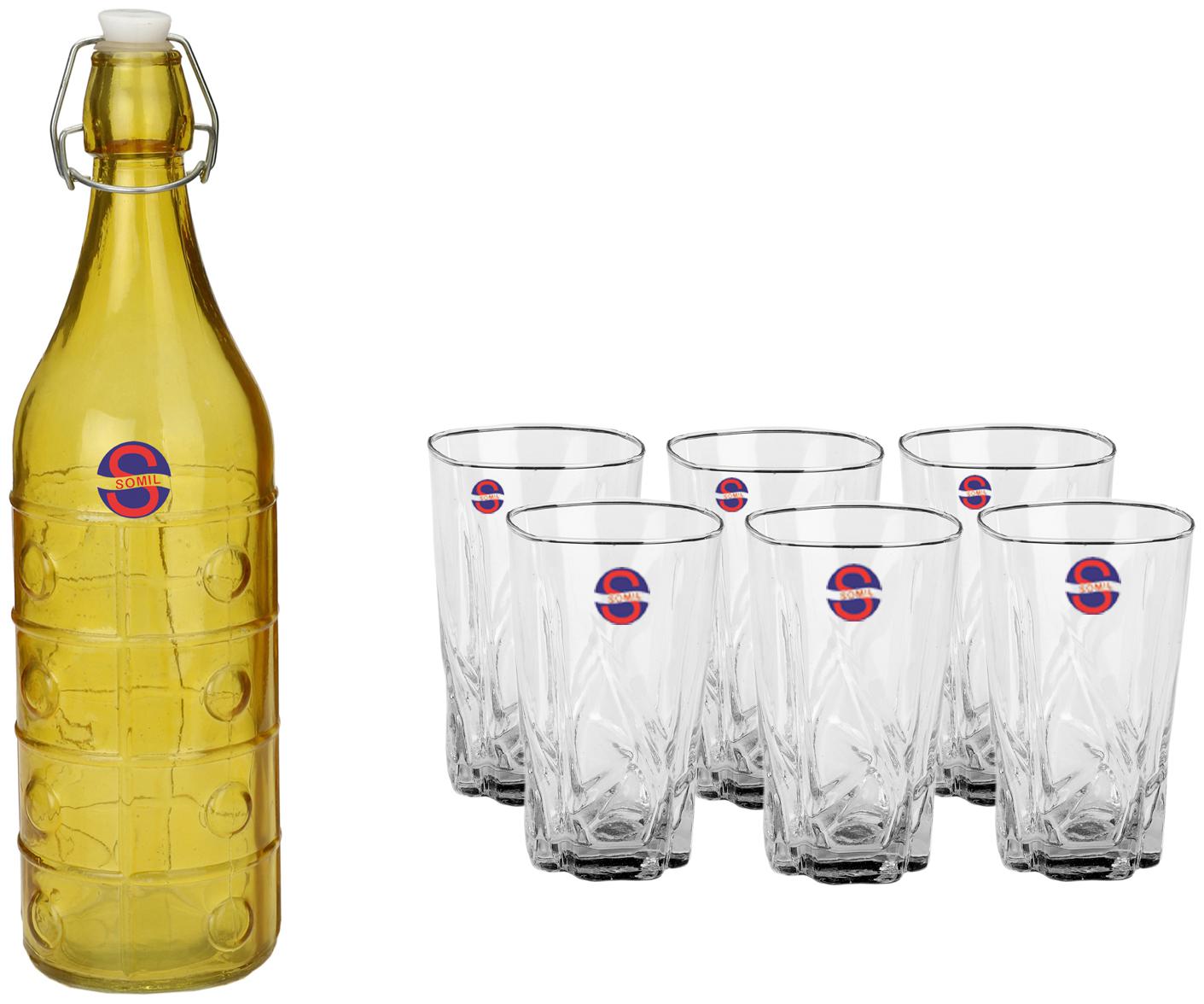 

Somil Glass Yellow Transparent Water Bottle ( 1000 ml Set of 7 )