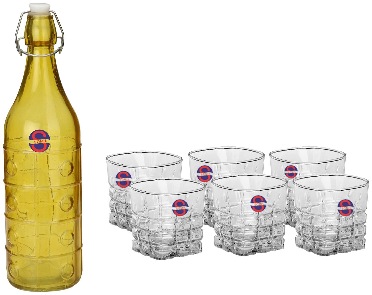 

Somil Glass Yellow Transparent Water Bottle ( 1000 ml Set of 7 )