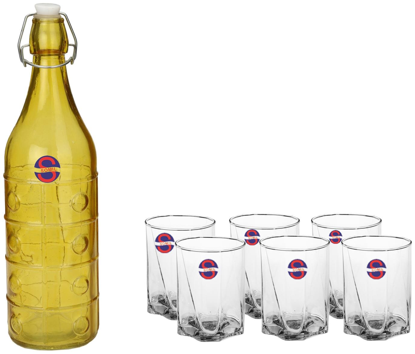 

Somil Glass Yellow Transparent Water Bottle ( 1000 ml Set of 7 )