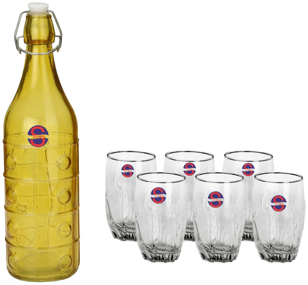 

Somil Glass Yellow Transparent Water Bottle ( 1000 ml Set of 7 )