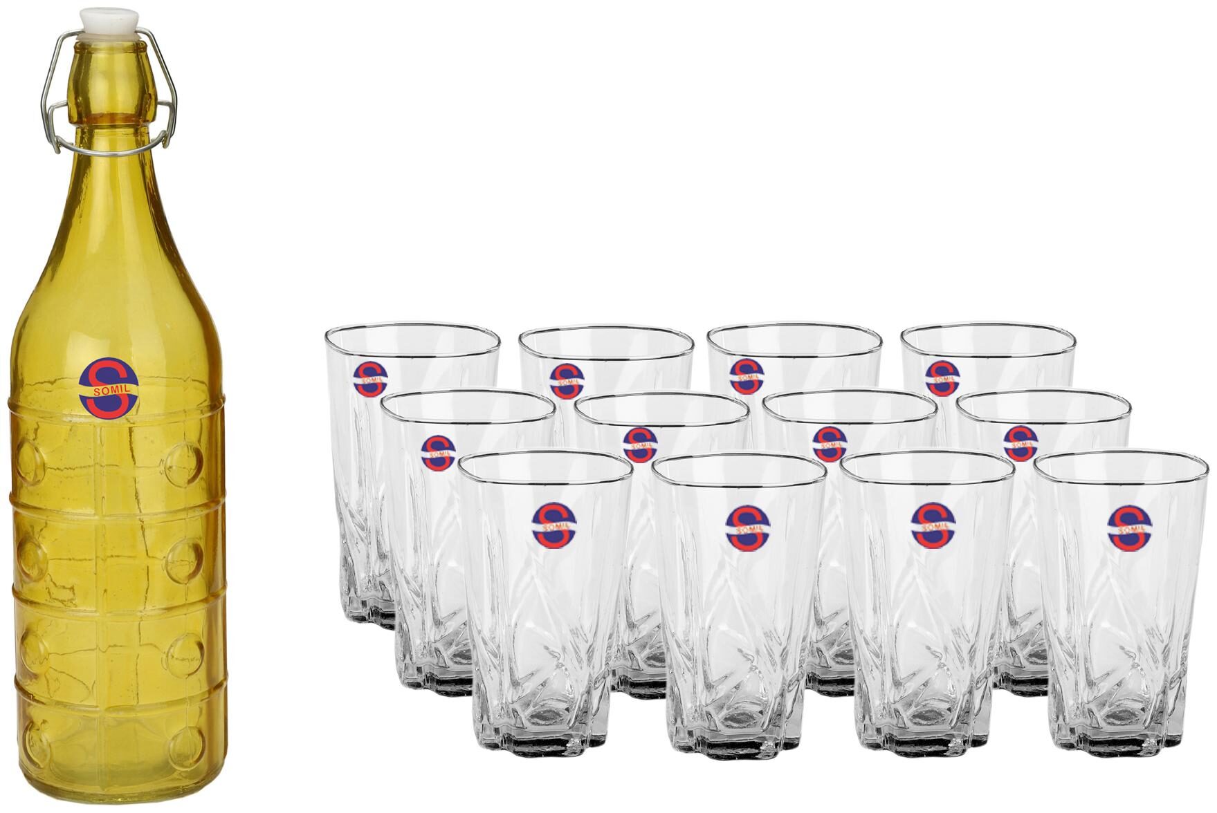 

Somil Glass Yellow Transparent Water Bottle ( 1000 ml Set of 13 )