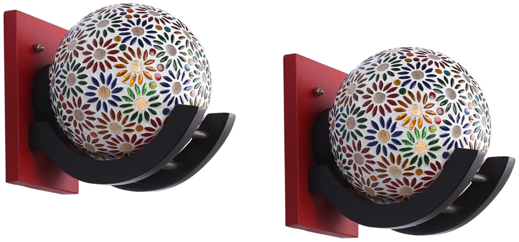 

Somil Colorful Globe Shape Wood And Glass Wall Lamp Compatible 5 To 80 Watt B22 Holder ( Set Of 2)