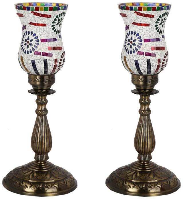 Somil New Designer Central Table Lamp With Colorful Glass Decorative With Colorful Beads & Chips & High Quality Stand (Set Of 2)