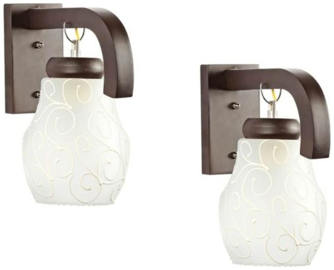 

Somil Decorative Sconce Wall Lamp Of Wooden Designer Glass Shade Compatilble With 6 To 100 W LED (Pack of 2 White Round)