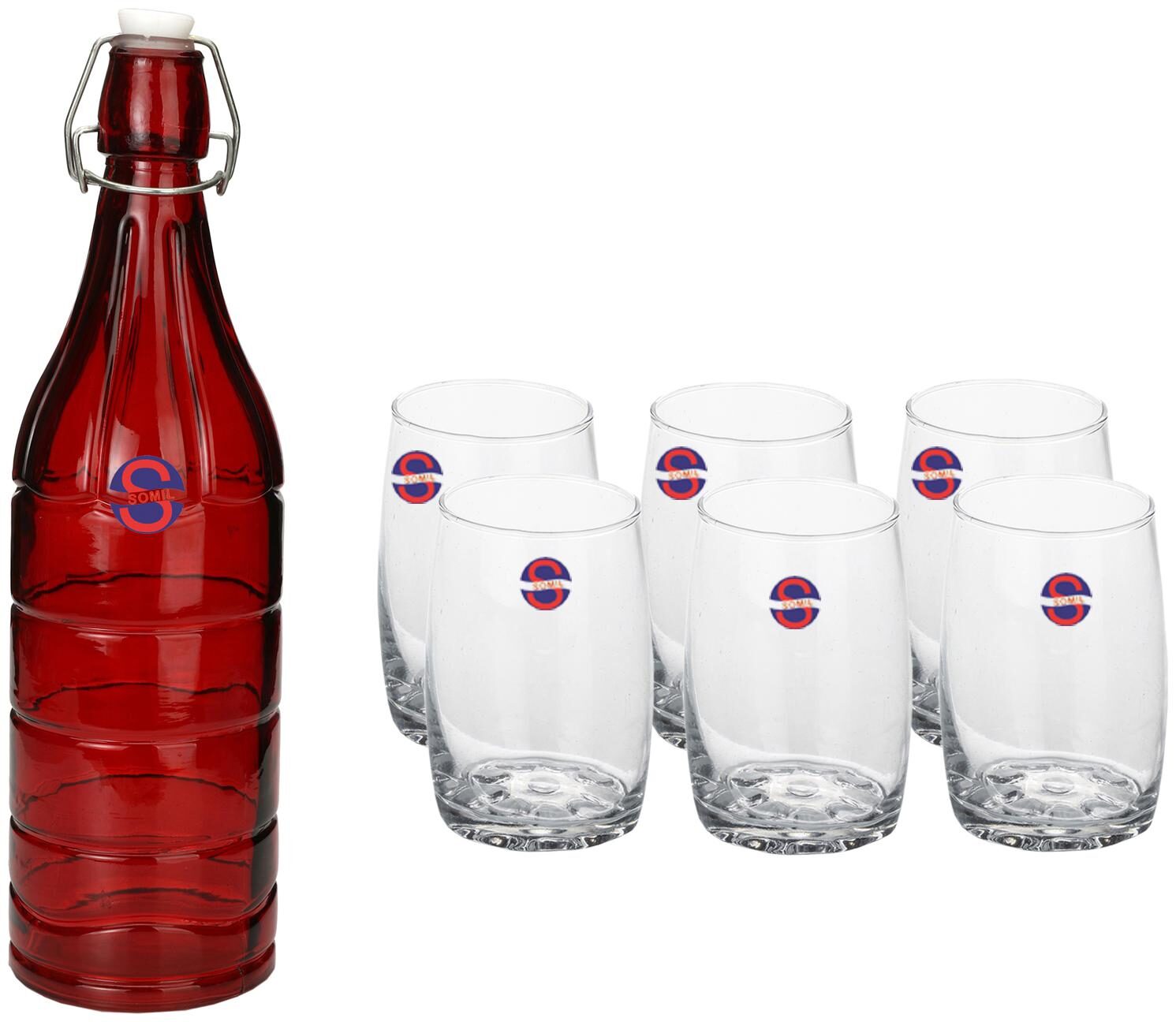 

Somil Glass Red Transparent Water Bottle ( 1000 ml Set of 7 )