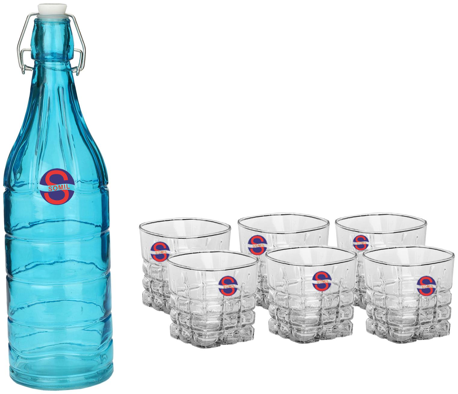 

Somil Glass Blue Transparent Water Bottle ( 1000 ml Set of 7 )