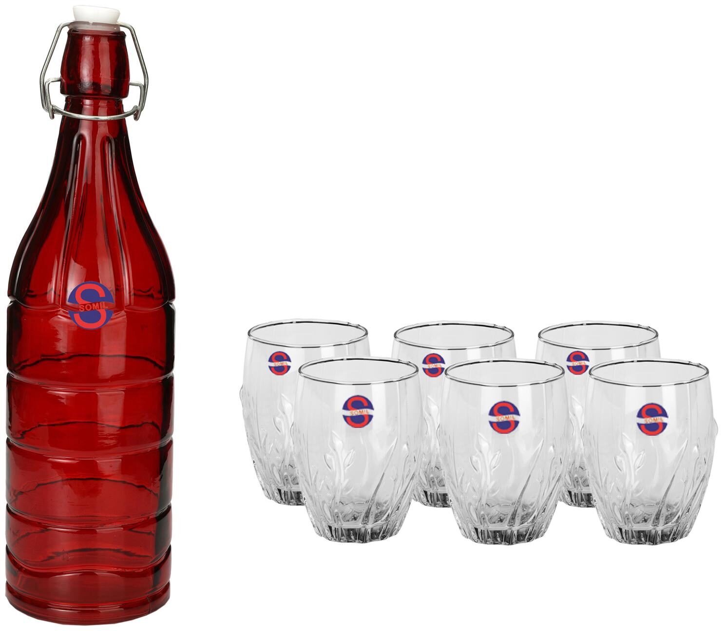 

Somil Glass Red Transparent Water Bottle ( 1000 ml Set of 7 )