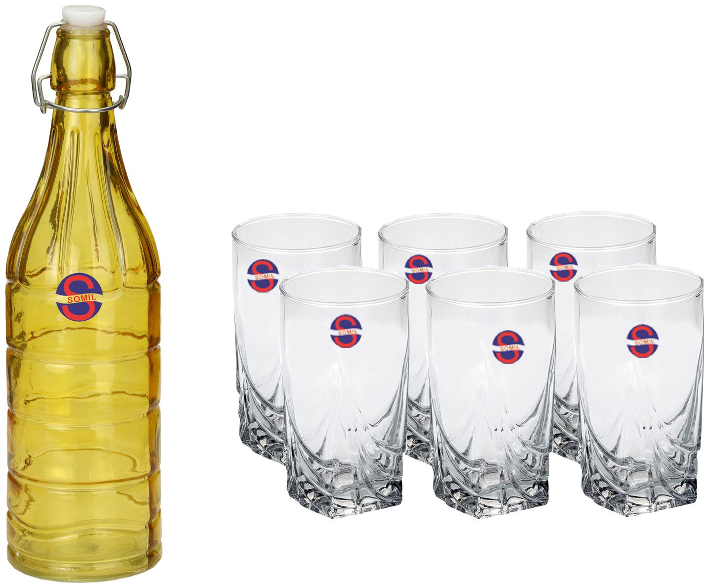 

Somil Glass Yellow Transparent Water Bottle ( 1000 ml Set of 7 )