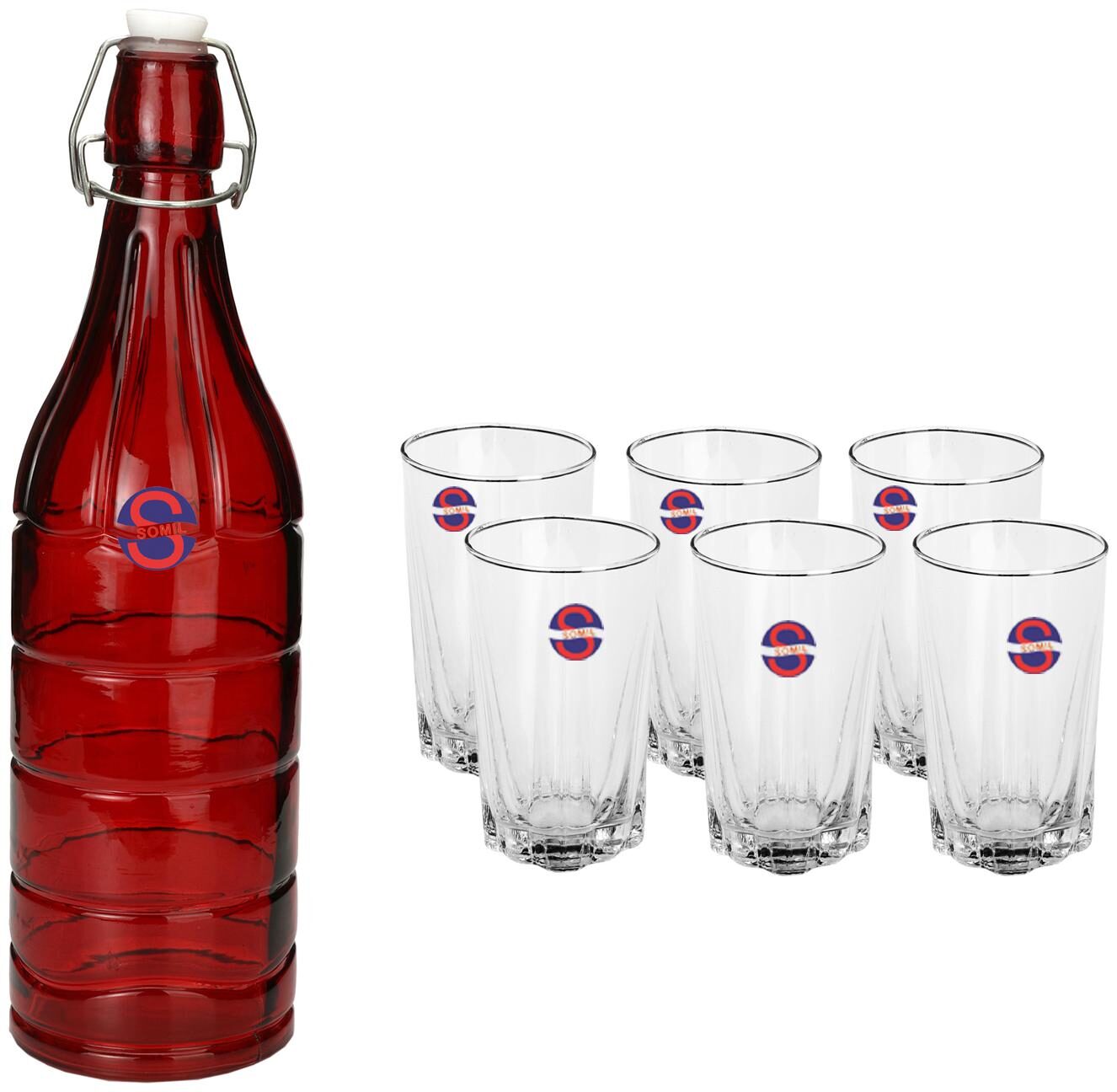 

Somil Glass Red Transparent Water Bottle ( 1000 ml Set of 7 )