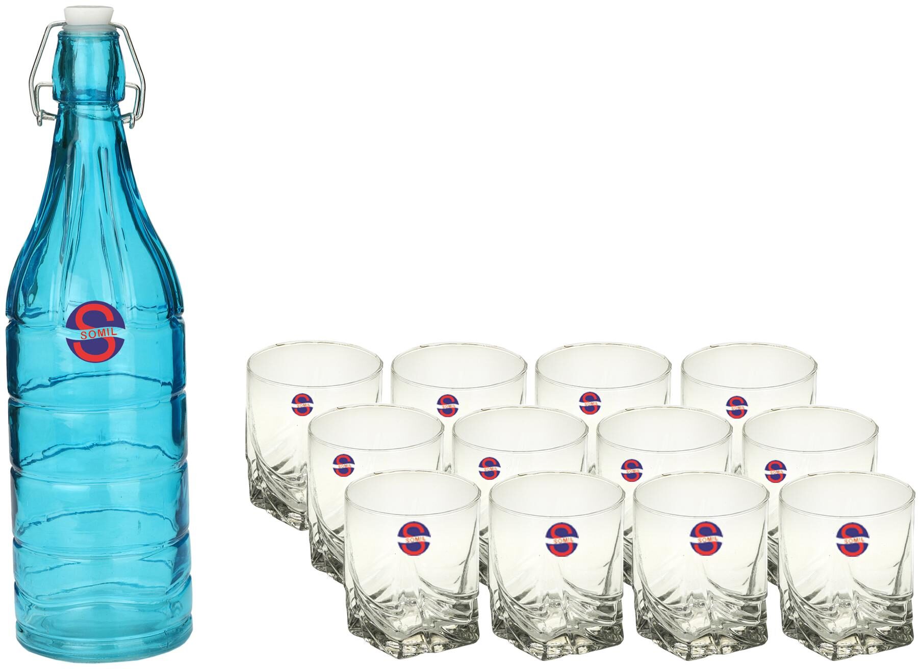 

Somil Glass Blue Transparent Water Bottle ( 1000 ml Set of 13 )