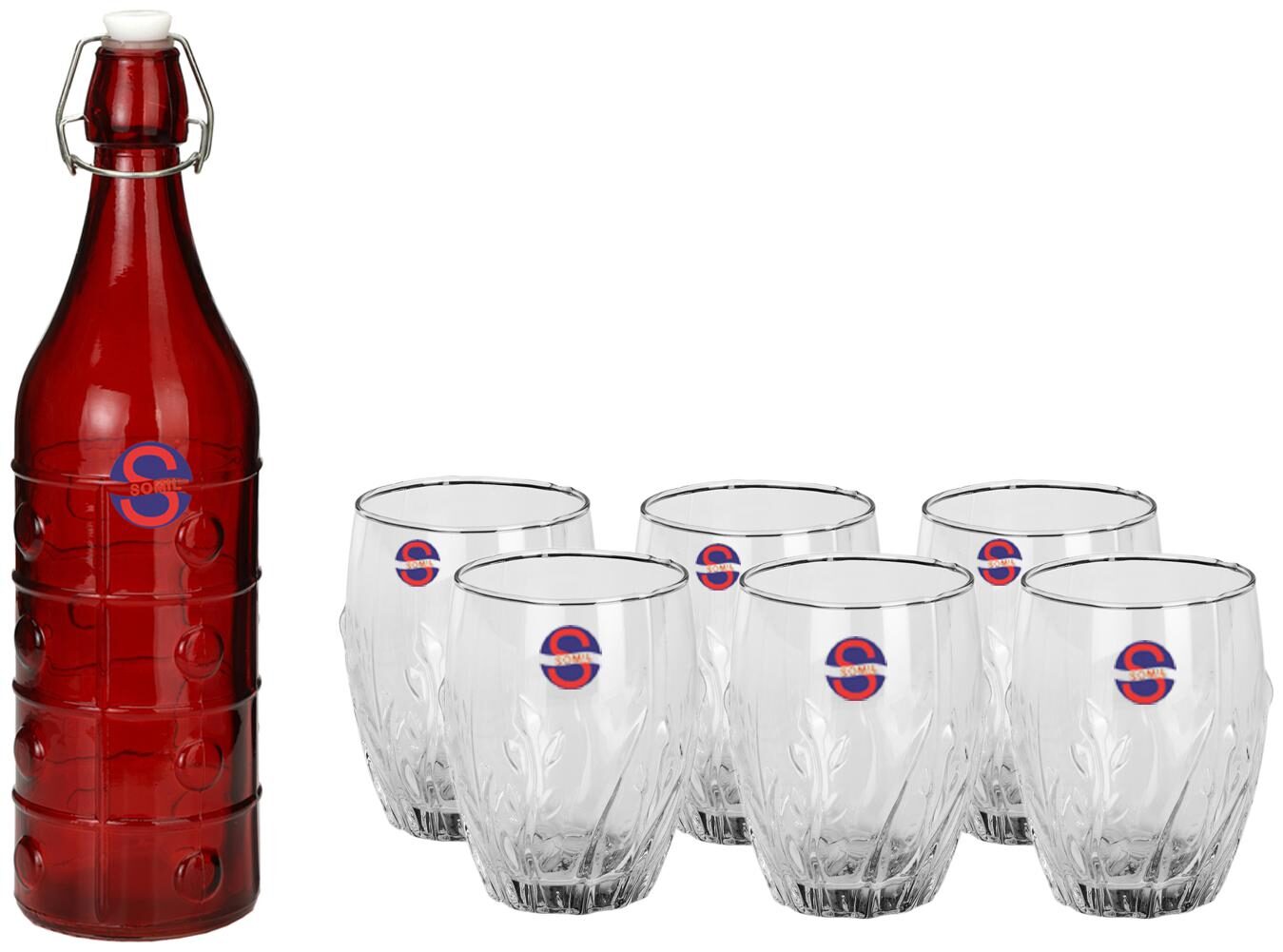 

Somil Glass Red Transparent Water Bottle ( 1000 ml Set of 7 )