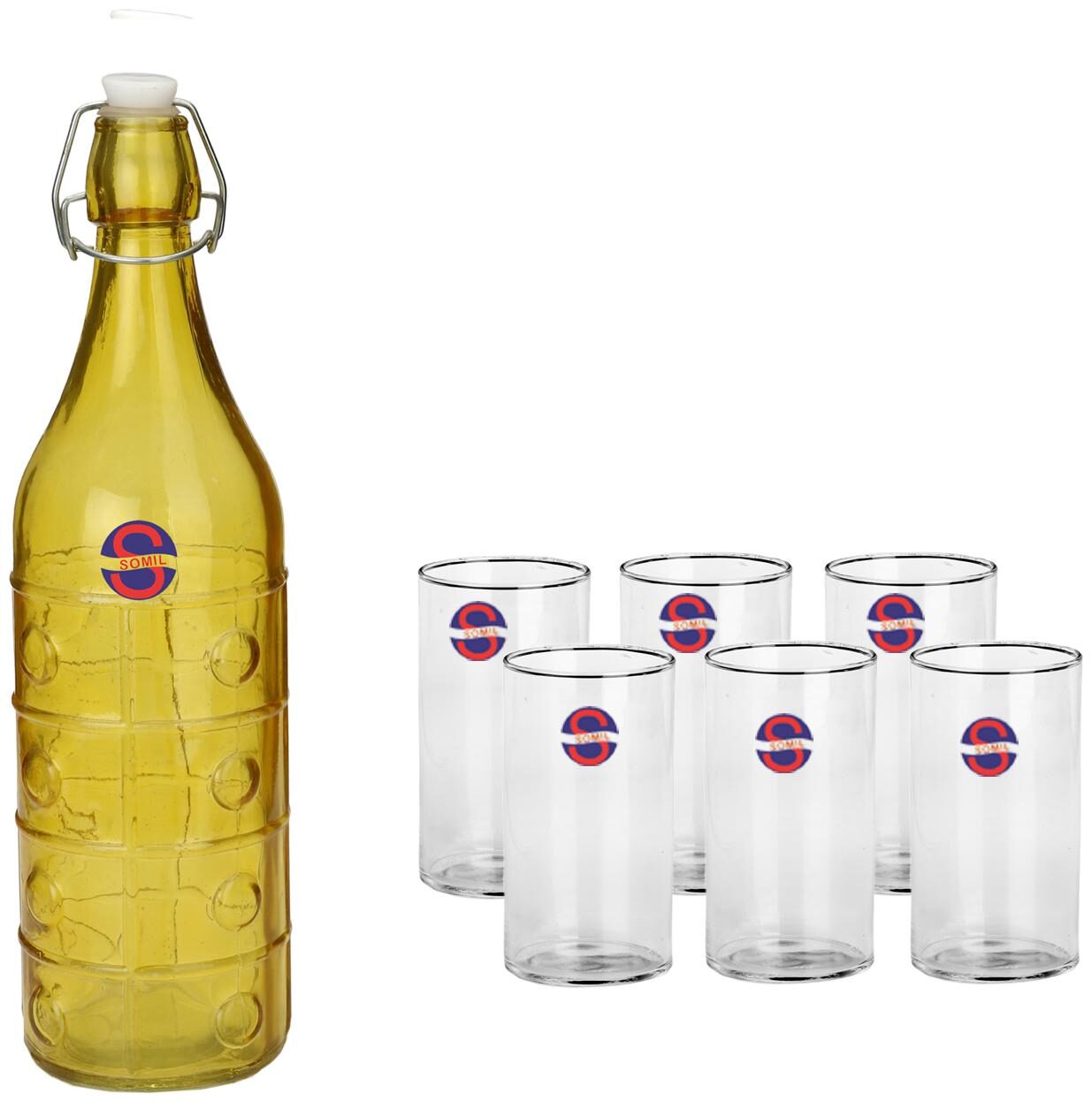 

Somil Glass Yellow Transparent Water Bottle ( 1000 ml Set of 7 )