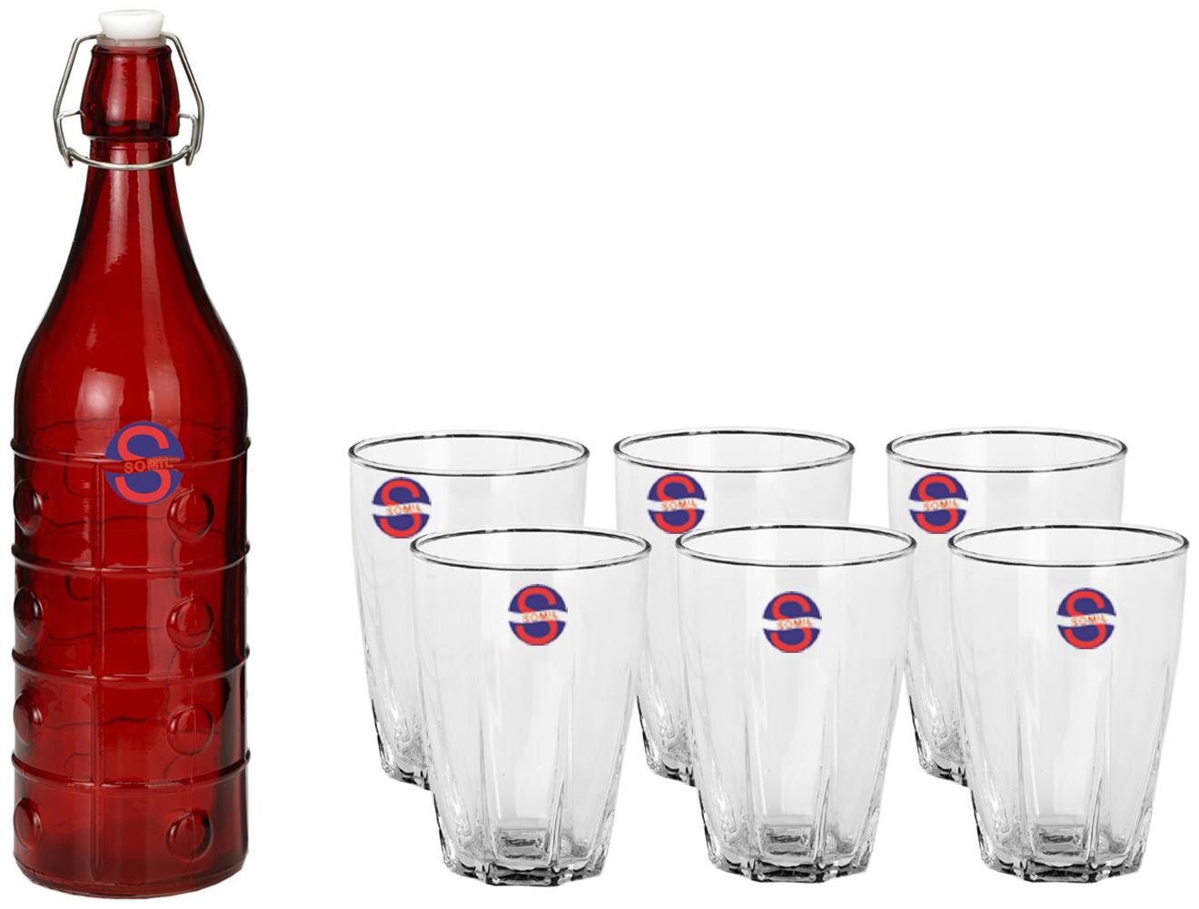 

Somil Glass Red Transparent Water Bottle ( 1000 ml Set of 7 )