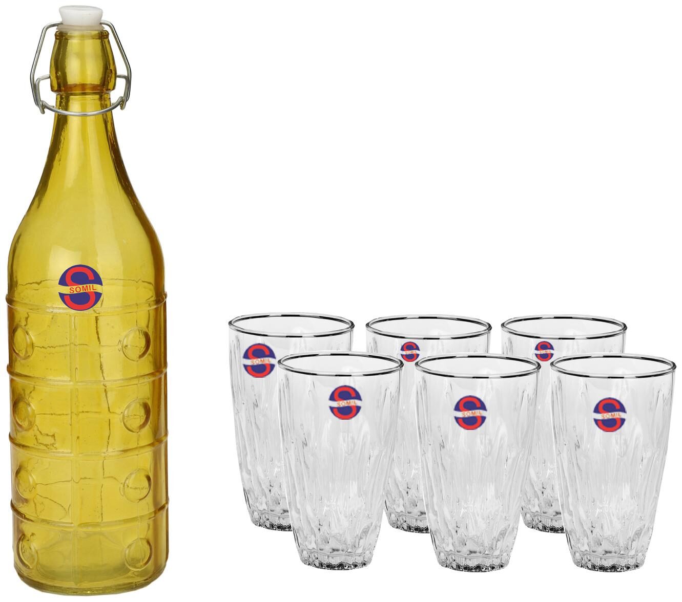 

Somil Glass Yellow Transparent Water Bottle ( 1000 ml Set of 7 )