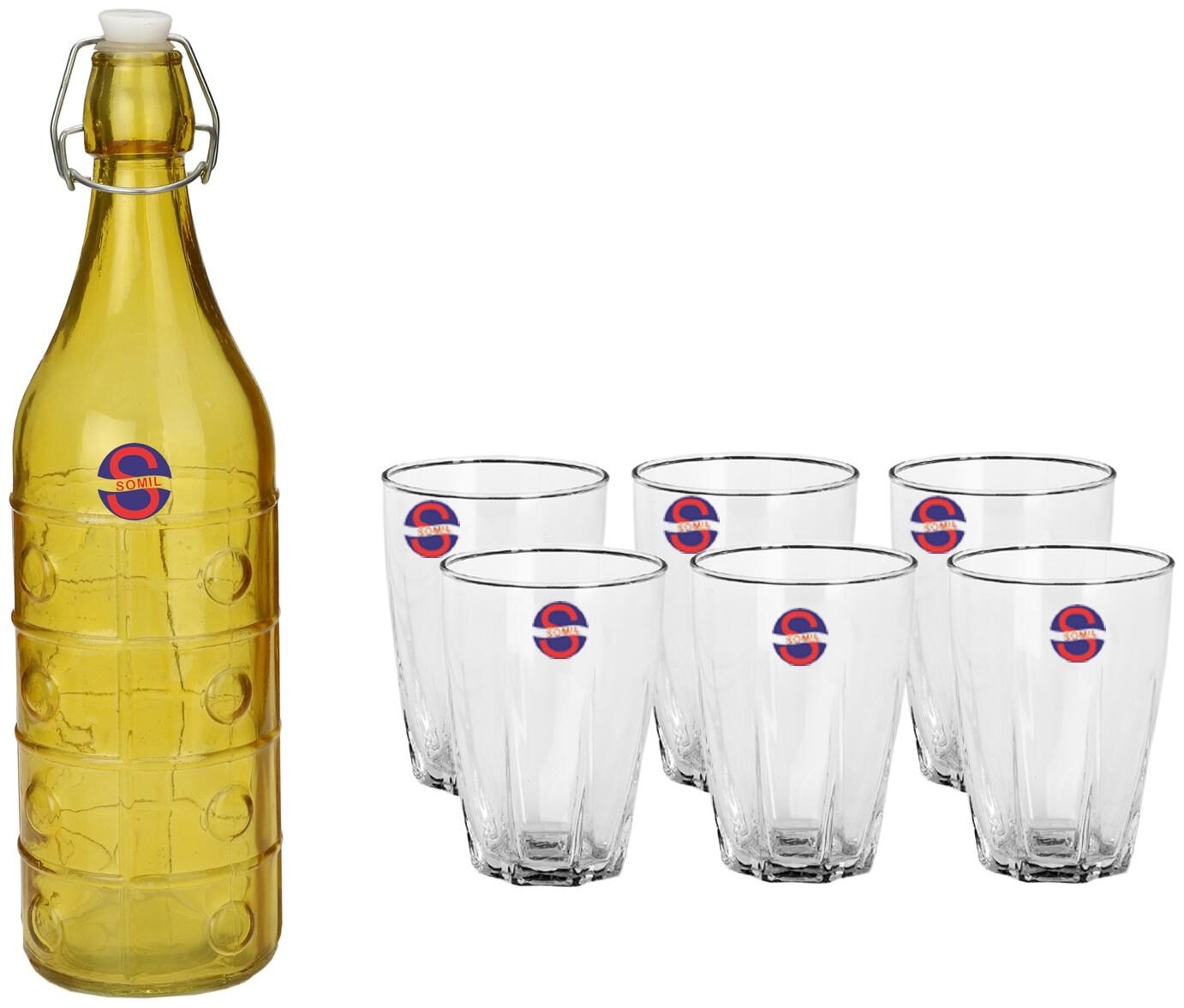

Somil Glass Yellow Transparent Water Bottle ( 1000 ml Set of 7 )