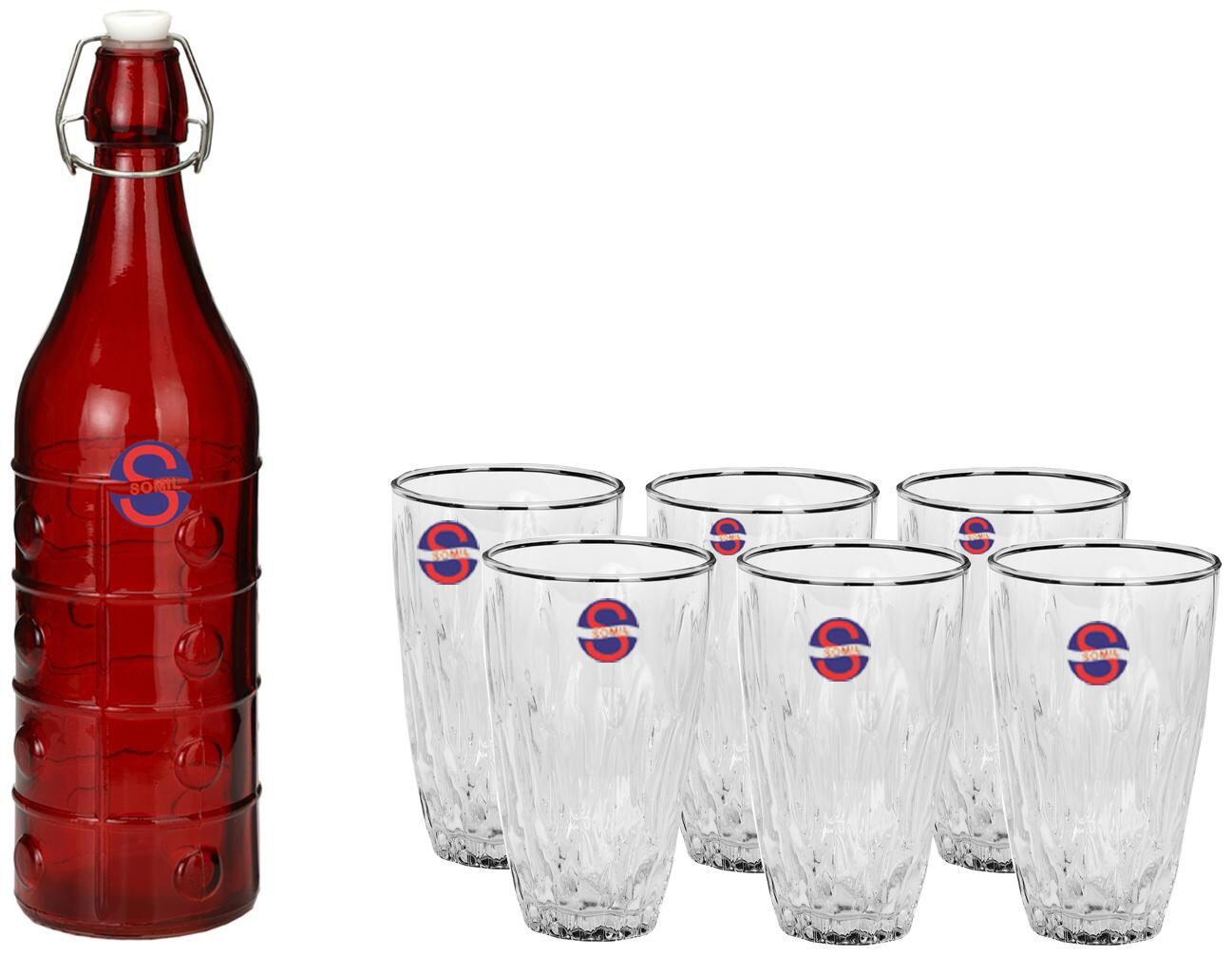 

Somil Glass Red Transparent Water Bottle ( 1000 ml Set of 7 )
