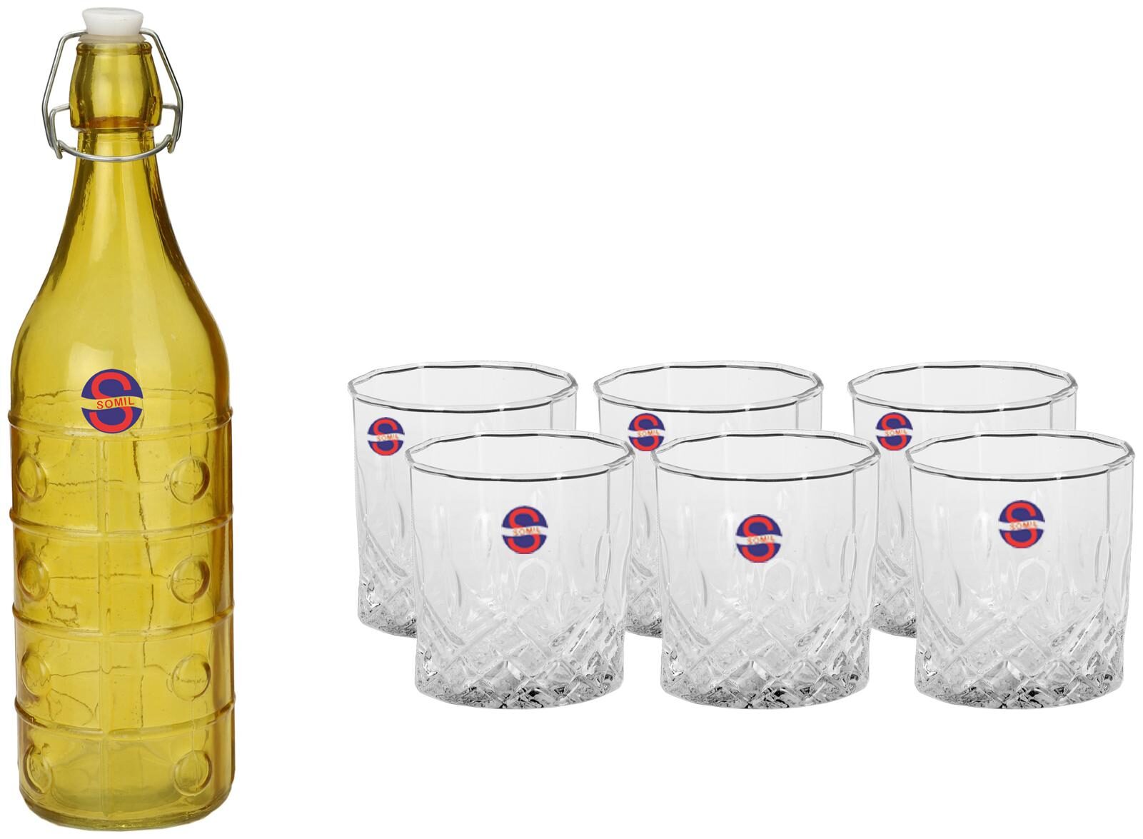 

Somil Glass Yellow Transparent Water Bottle ( 1000 ml Set of 7 )
