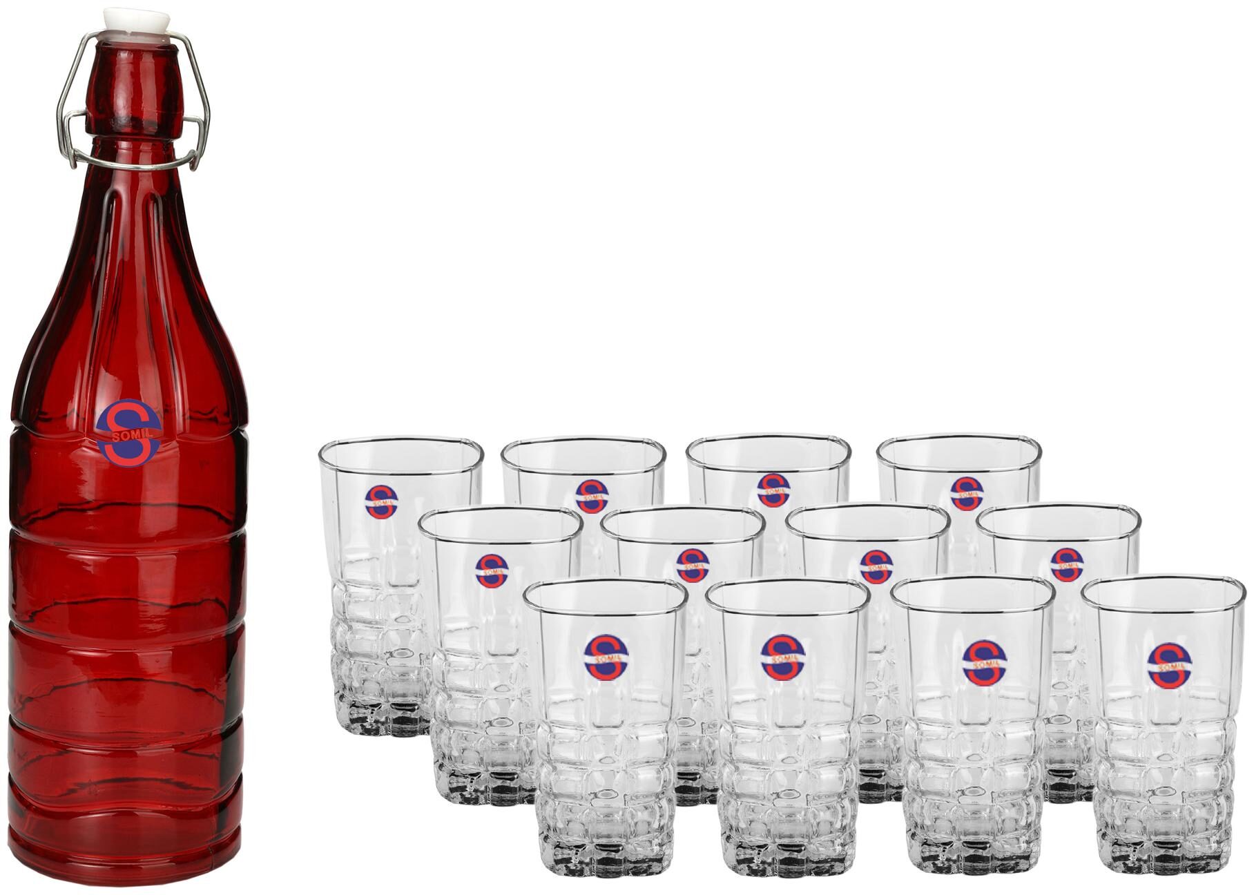 

Somil Glass Red Transparent Water Bottle ( 1000 ml Set of 13 )