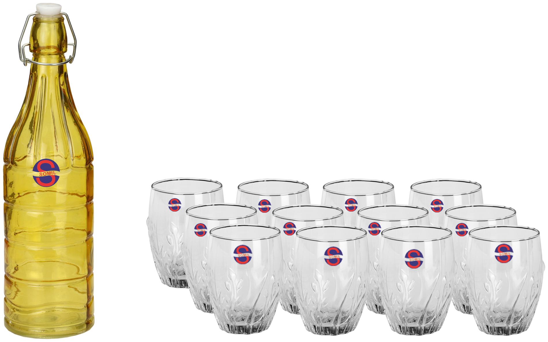 

Somil Glass Yellow Transparent Water Bottle ( 1000 ml Set of 13 )