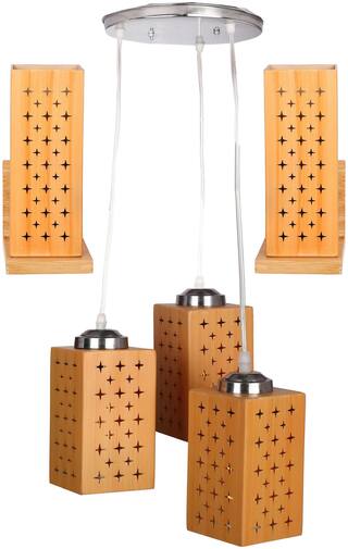 Somil Wooden Decorative Pendant Triple Hanging Ceiling light Lamp Combo With Two Wooden Wall Lamp Dn-T34