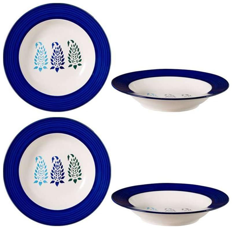 

Soup Plate 9 inch Ceramic Stoneware (set of 4) With Leaf Pattern in White Blue color Handcrafted Studio Pottery by VolCraft