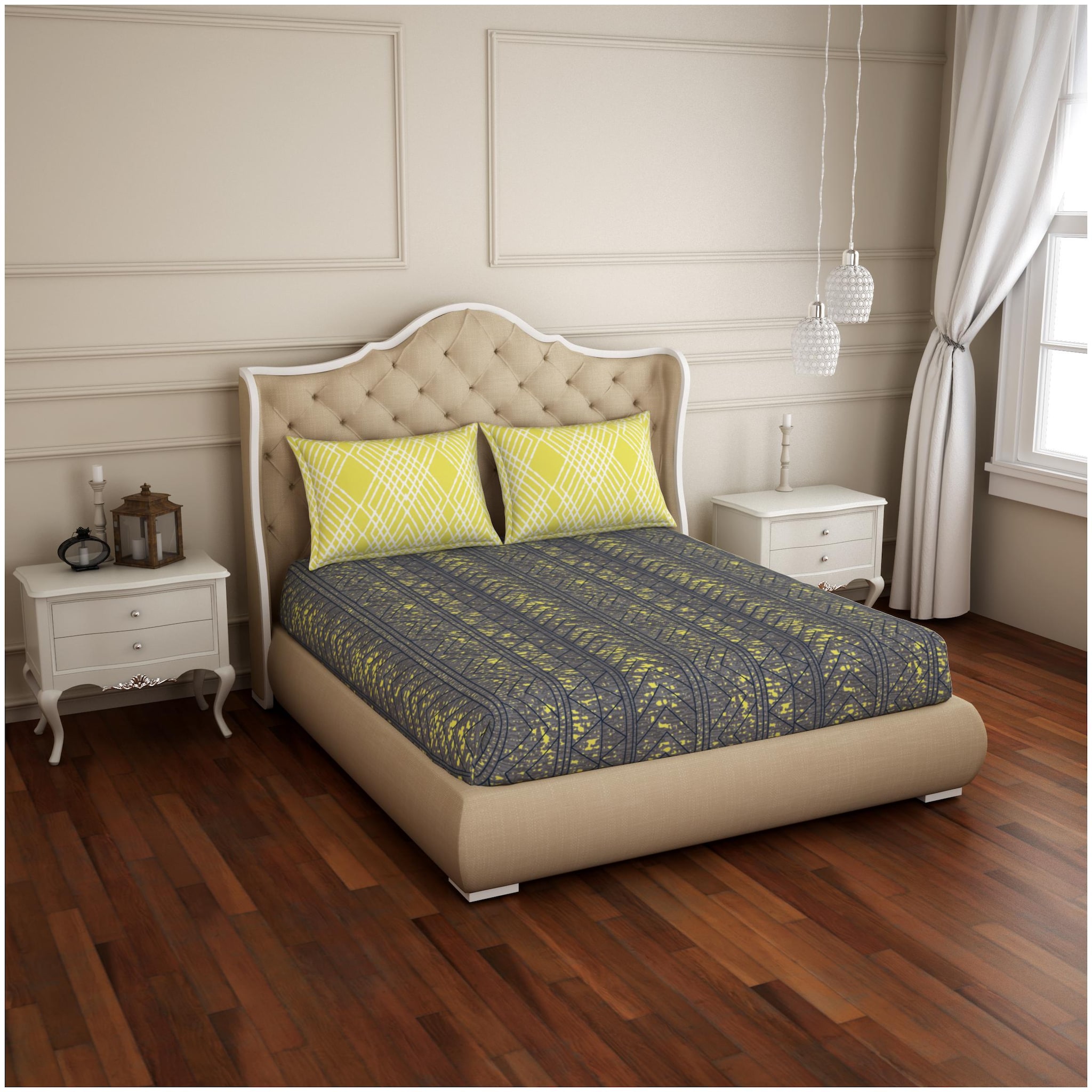 

Spaces Cotton Striped Double Size Bedsheet 144 TC ( 1 Bedsheet With 2 Pillow Covers Grey Yellow )