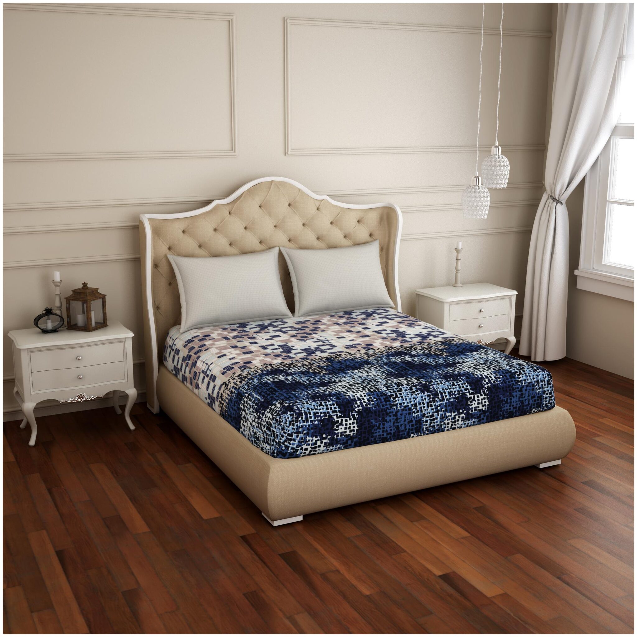

Spaces Cotton Abstract King Size Bedsheet 210 TC ( 1 Bedsheet With 2 Pillow Covers Blue )