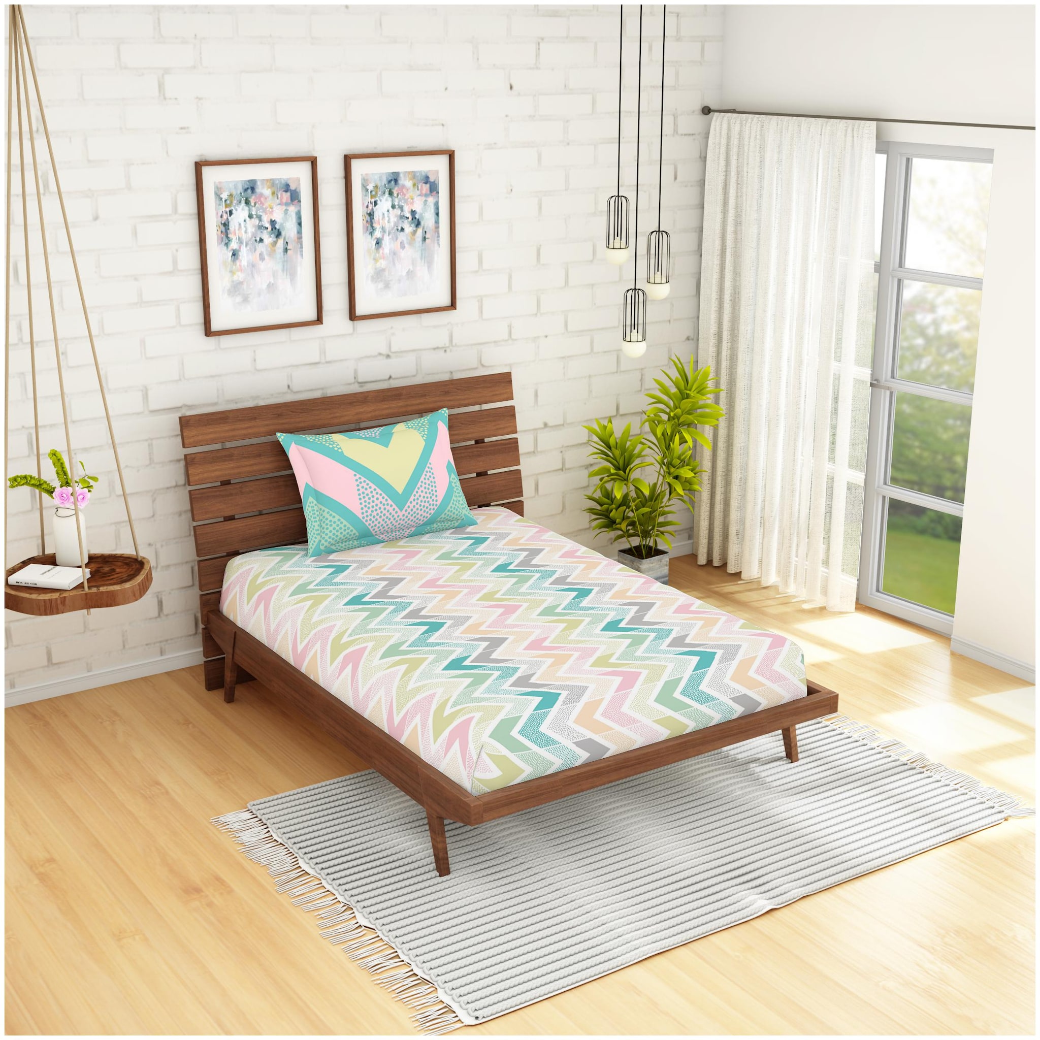 

Spaces Cotton Geometric Single Size Bedsheet 144 TC ( 1 Bedsheet With 1 Pillow Covers Green )