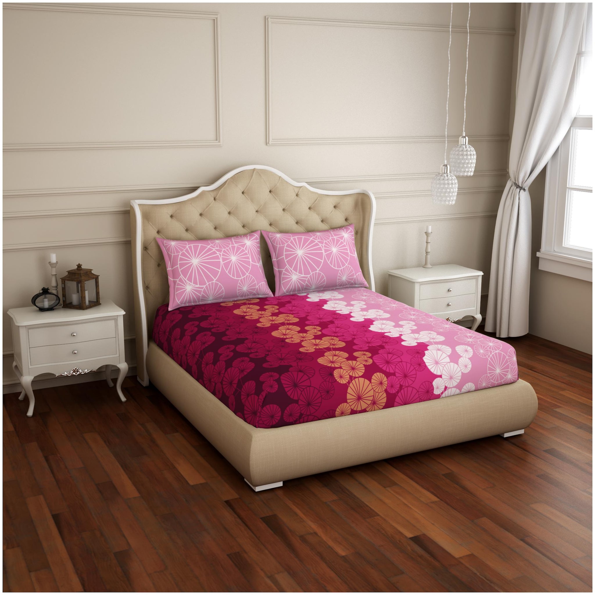 

Spaces Cotton Geometric Double Size Bedsheet 144 TC ( 1 Bedsheet With 2 Pillow Covers Pink White )