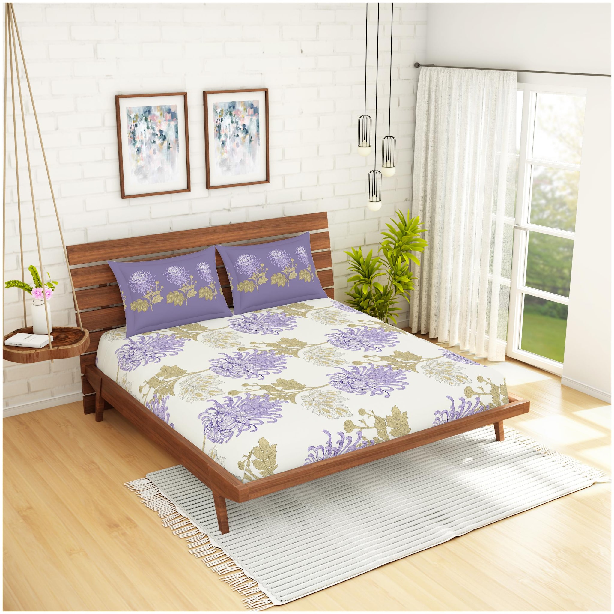 

Spaces Cotton Floral Queen Size Bedsheet 144 TC ( 1 Bedsheet With 2 Pillow Covers Purple )