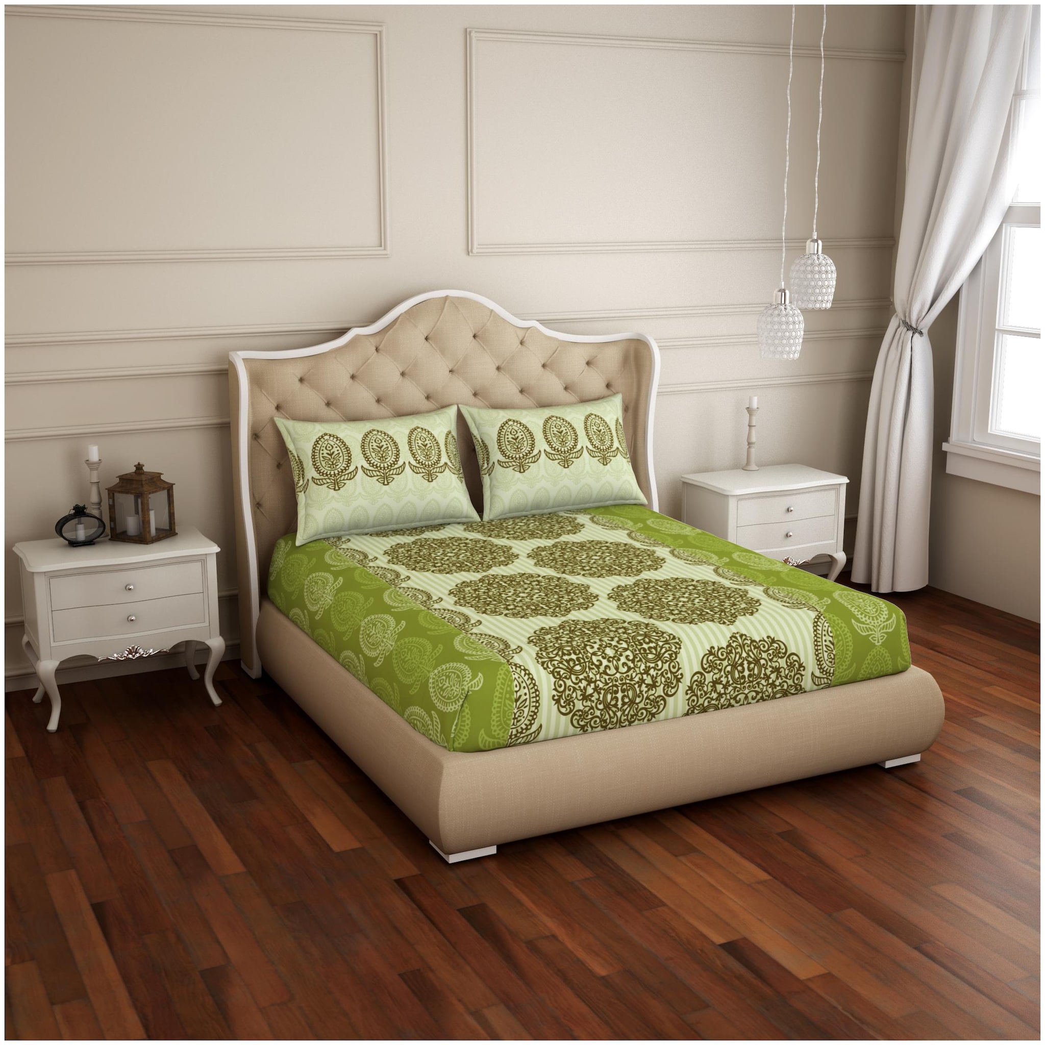 

Spaces Cotton Printed Double Size Bedsheet 144 TC ( 1 Bedsheet With 2 Pillow Covers Green )