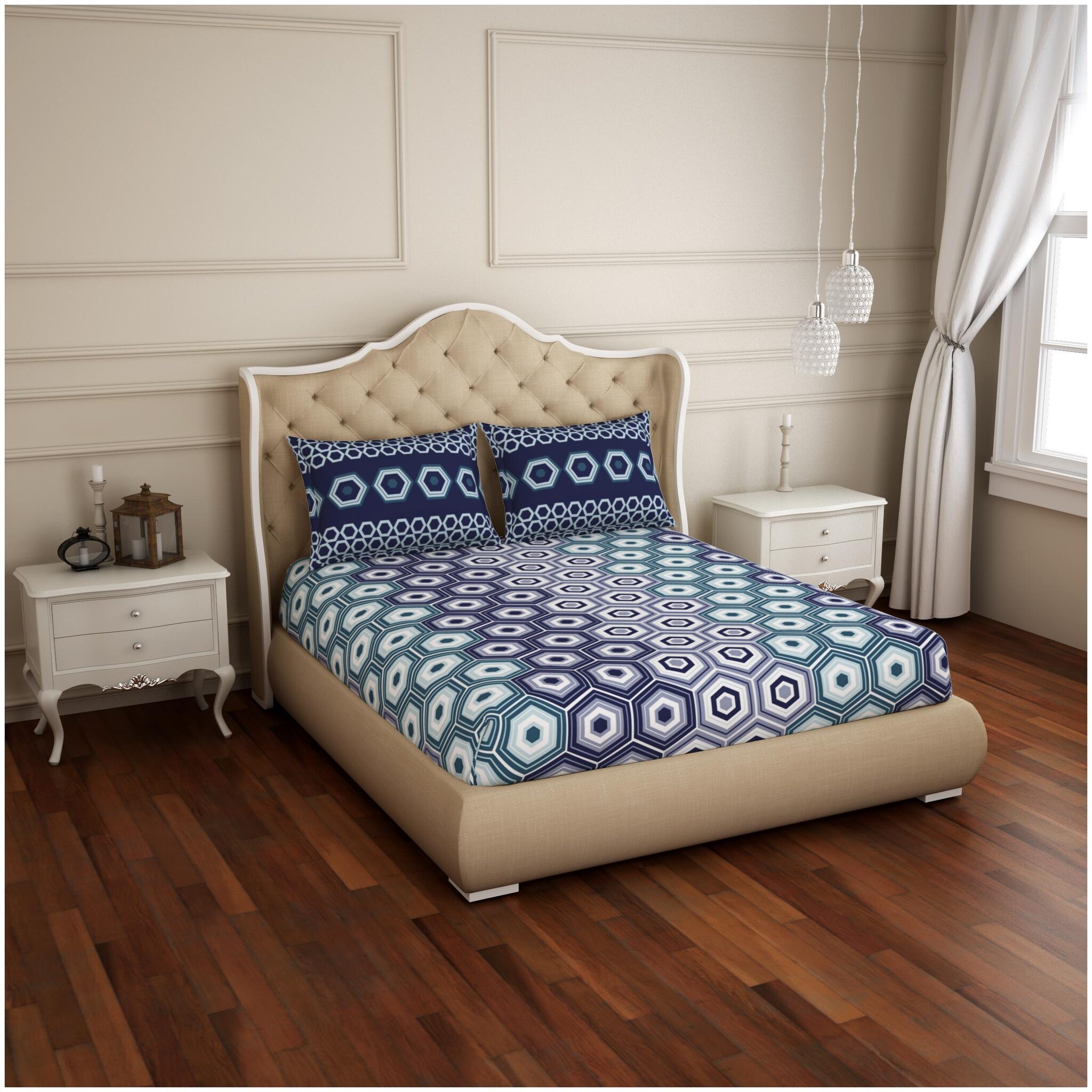 

Spaces Cotton Geometric Double Size Bedsheet 144 TC ( 1 Bedsheet With 2 Pillow Covers Blue White )