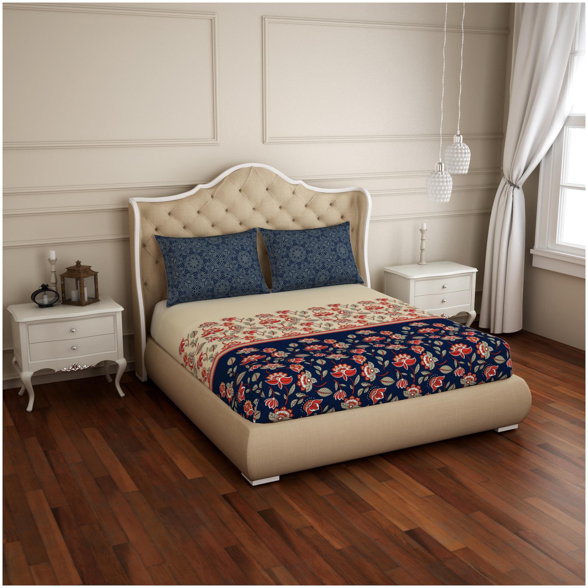 

Spaces Cotton Floral King Size Bedsheet 210 TC ( 1 Bedsheet With 2 Pillow Covers Blue )
