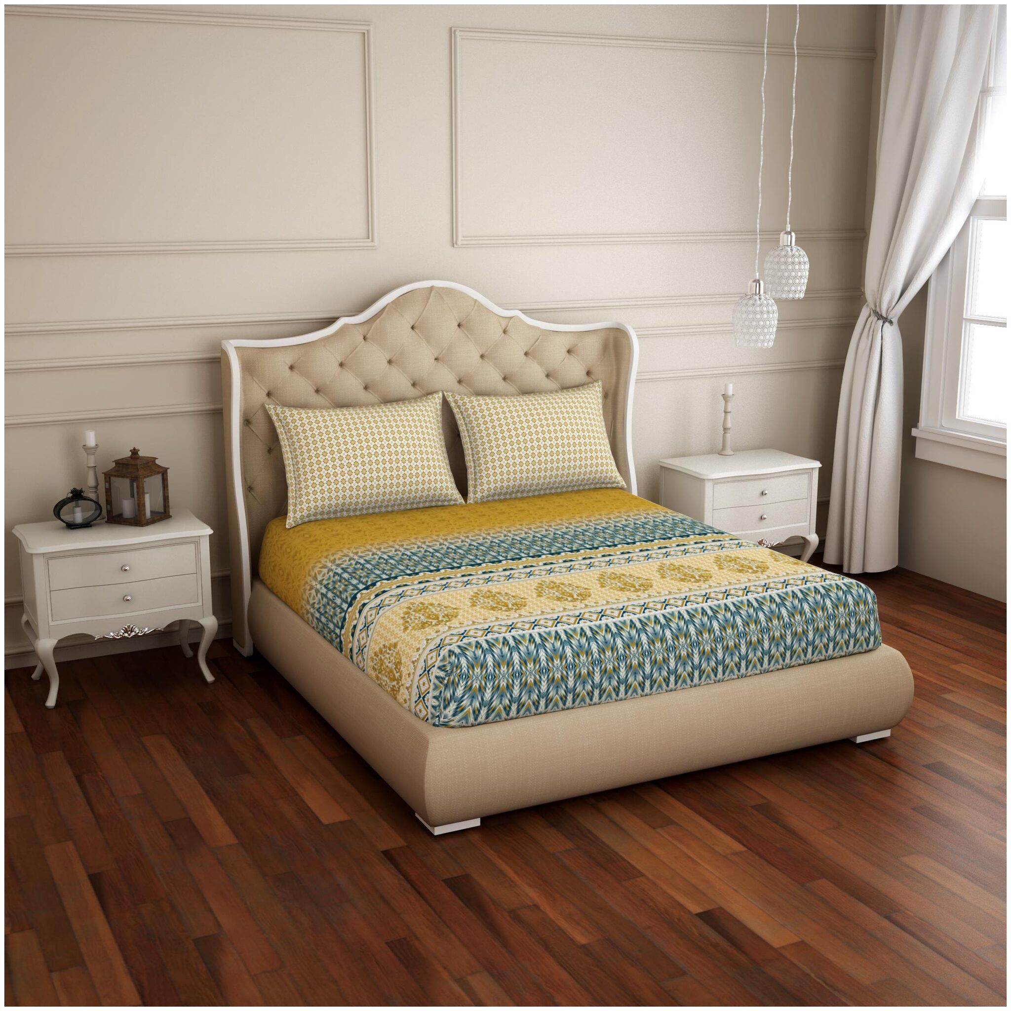 

Spaces Cotton Printed Double Size Bedsheet 210 TC ( 1 Bedsheet With 2 Pillow Covers Yellow Blue )
