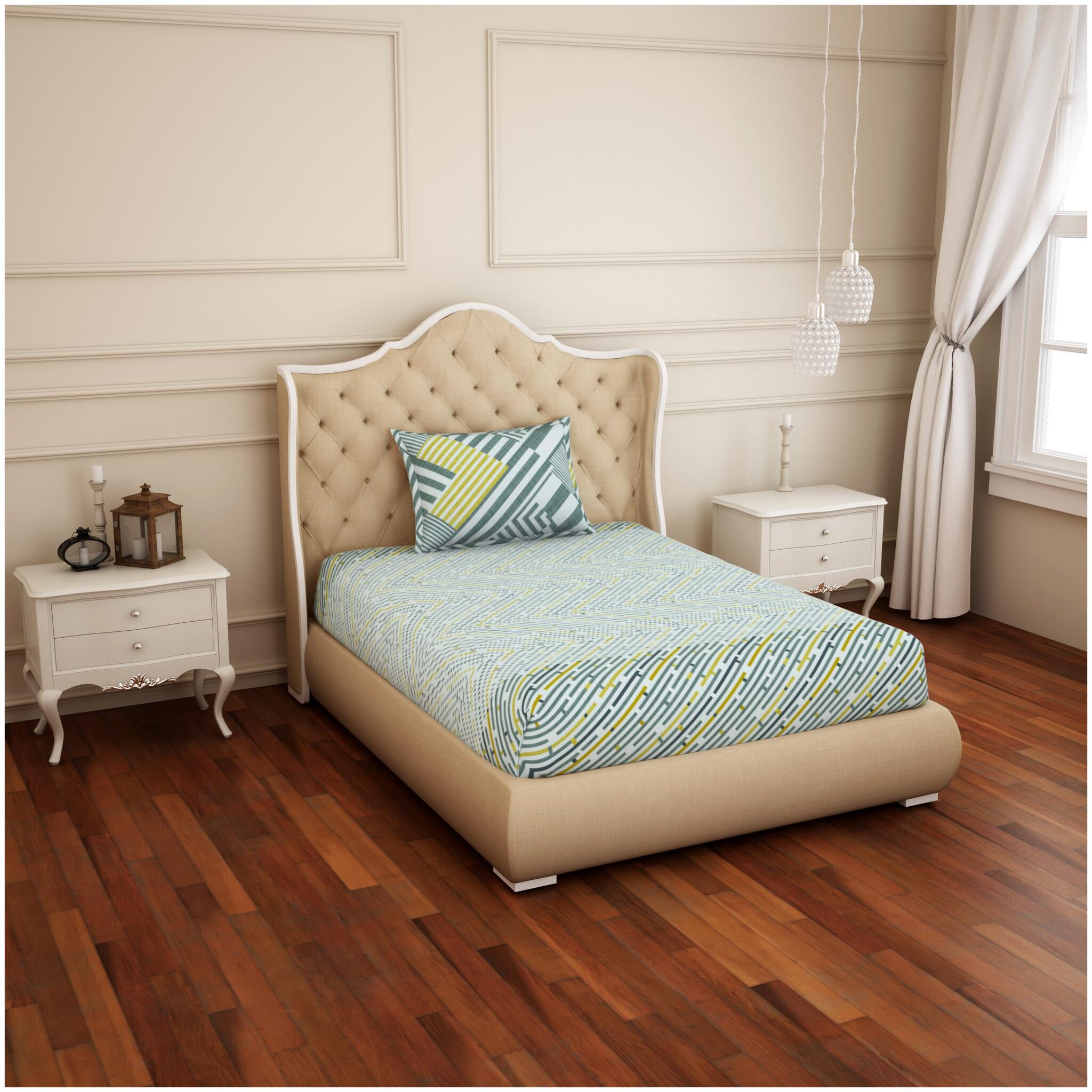 

Spaces Cotton Striped Single Size Bedsheet 144 TC ( 1 Bedsheet With 1 Pillow Covers Grey Yellow )