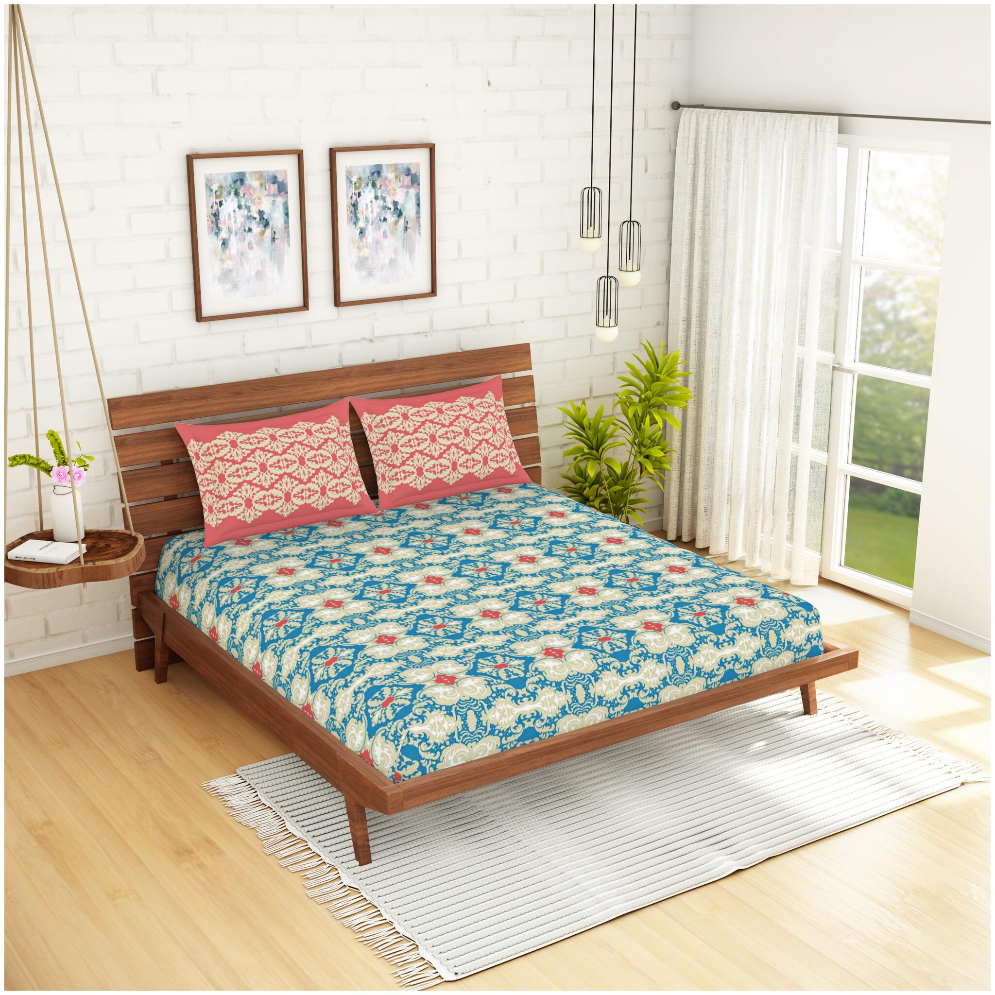 

Spaces Cotton Abstract King Size Bedsheet 210 TC ( 1 Bedsheet With 2 Pillow Covers Blue )