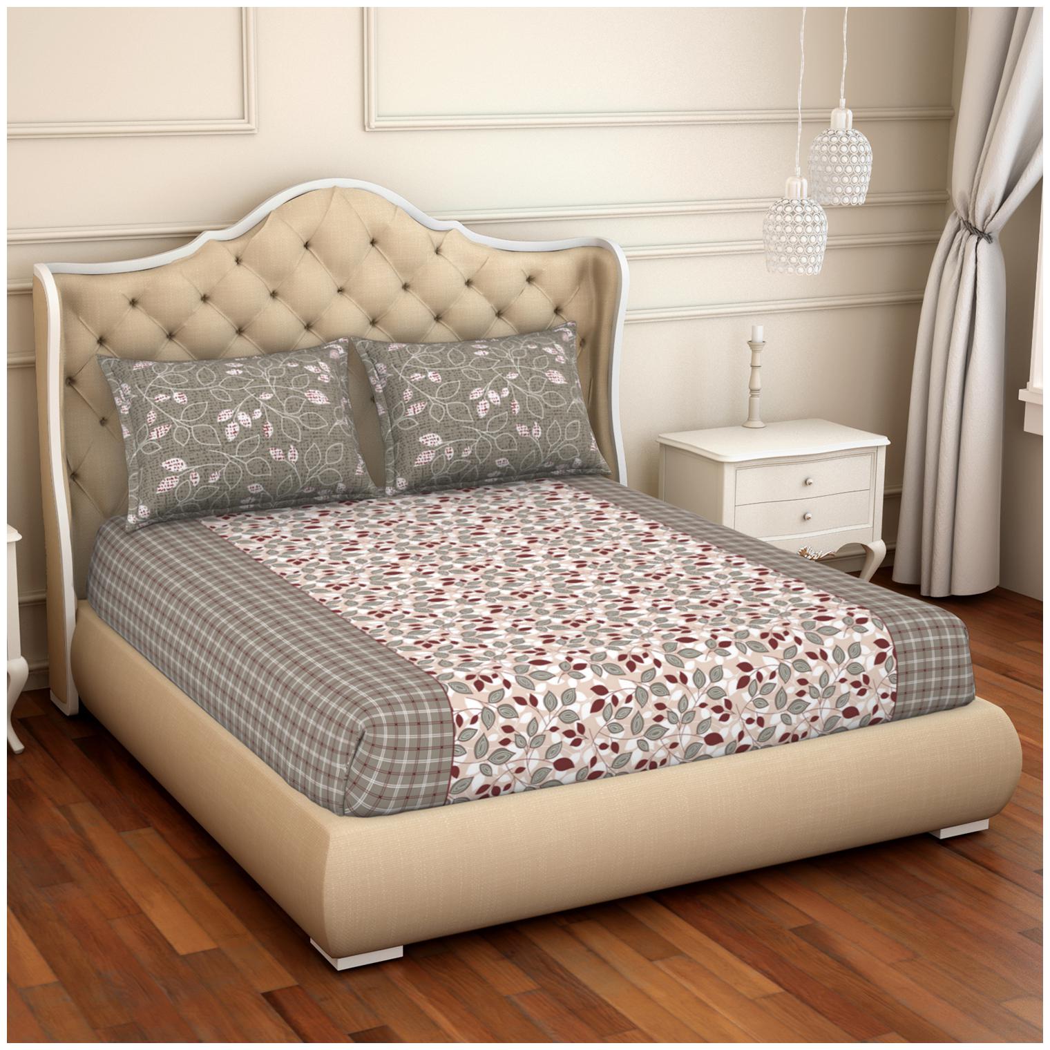 

Spaces Cotton Floral Double Size Bedsheet 144 TC ( 1 Bedsheet With 2 Pillow Covers Grey White )