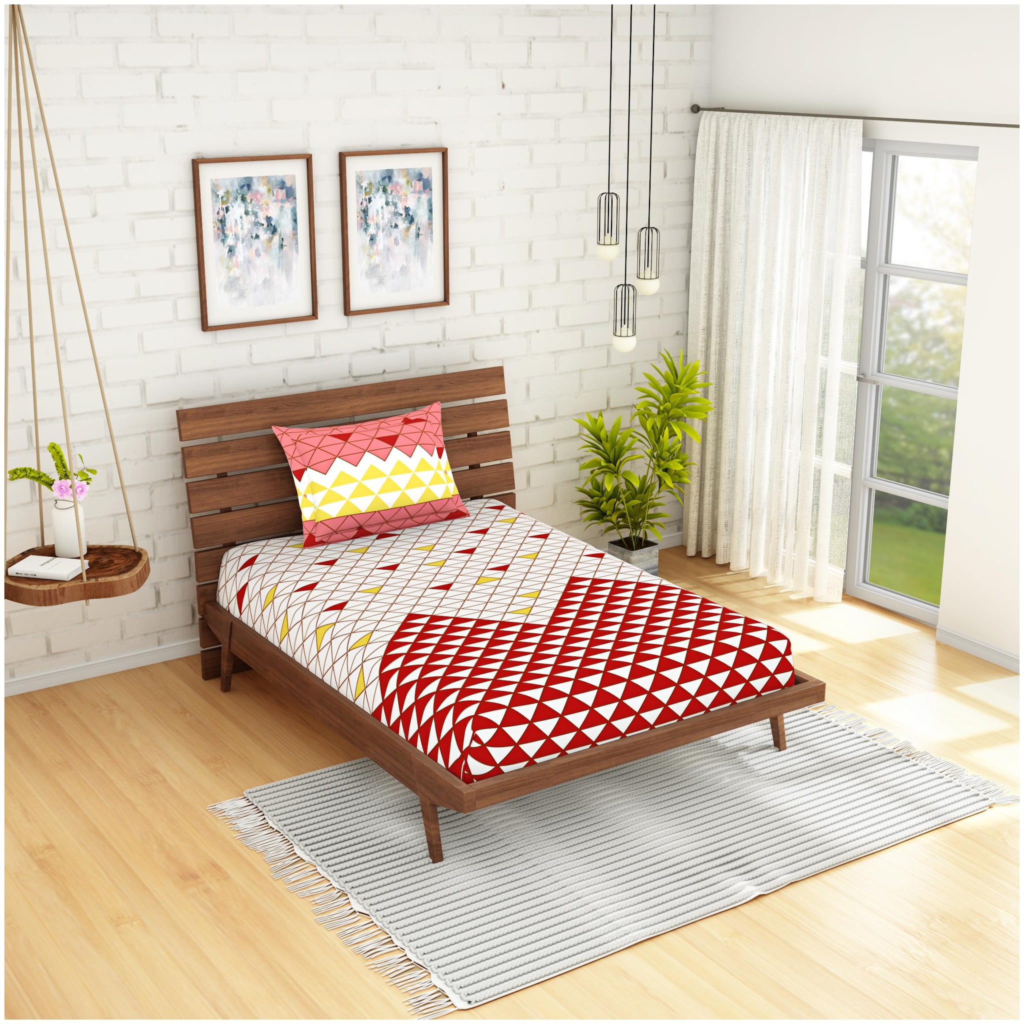 

Spaces Cotton Geometric Single Size Bedsheet 210 TC ( 1 Bedsheet With 1 Pillow Covers Red )