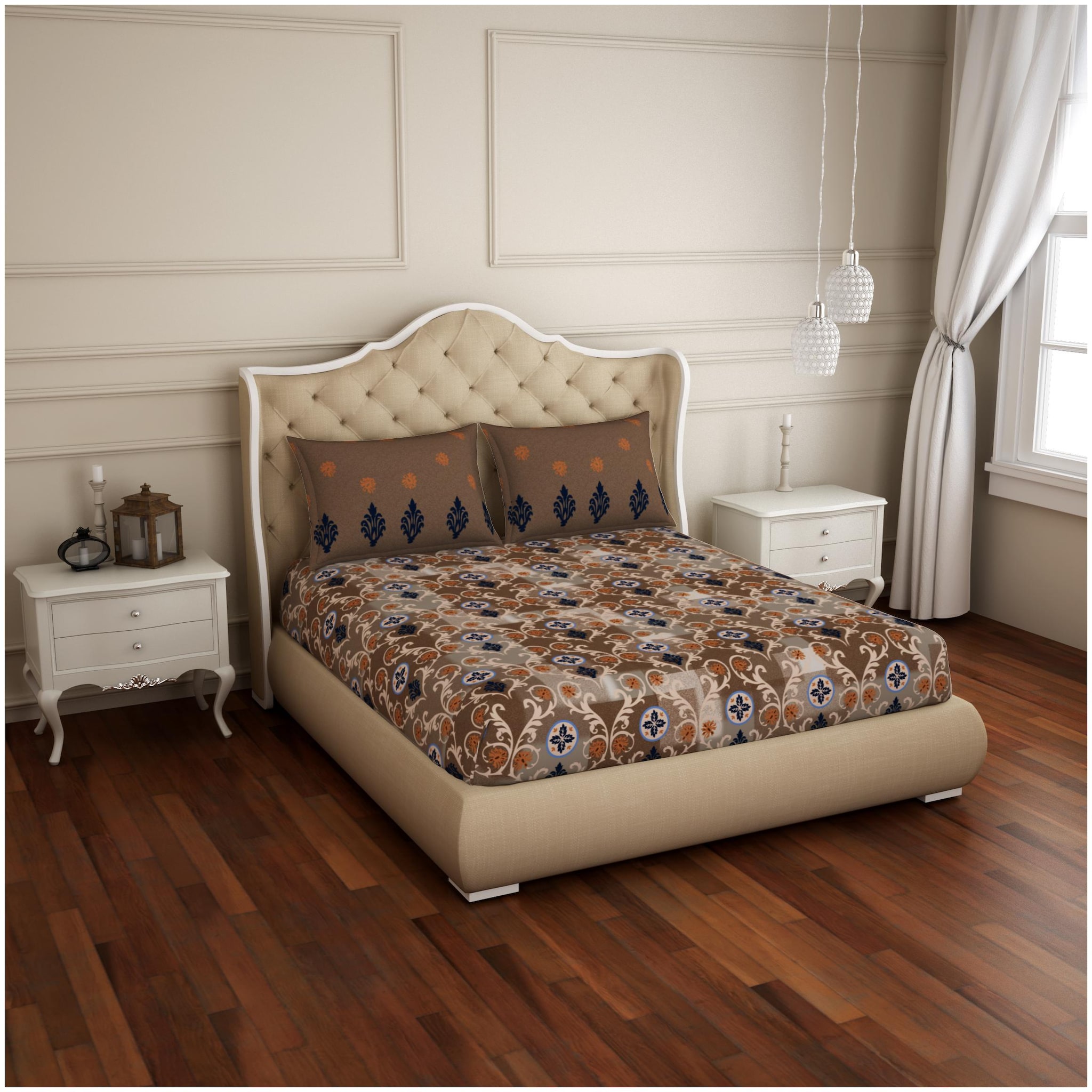 

Spaces Cotton Printed Double Size Bedsheet 144 TC ( 1 Bedsheet With 2 Pillow Covers Brown Black )