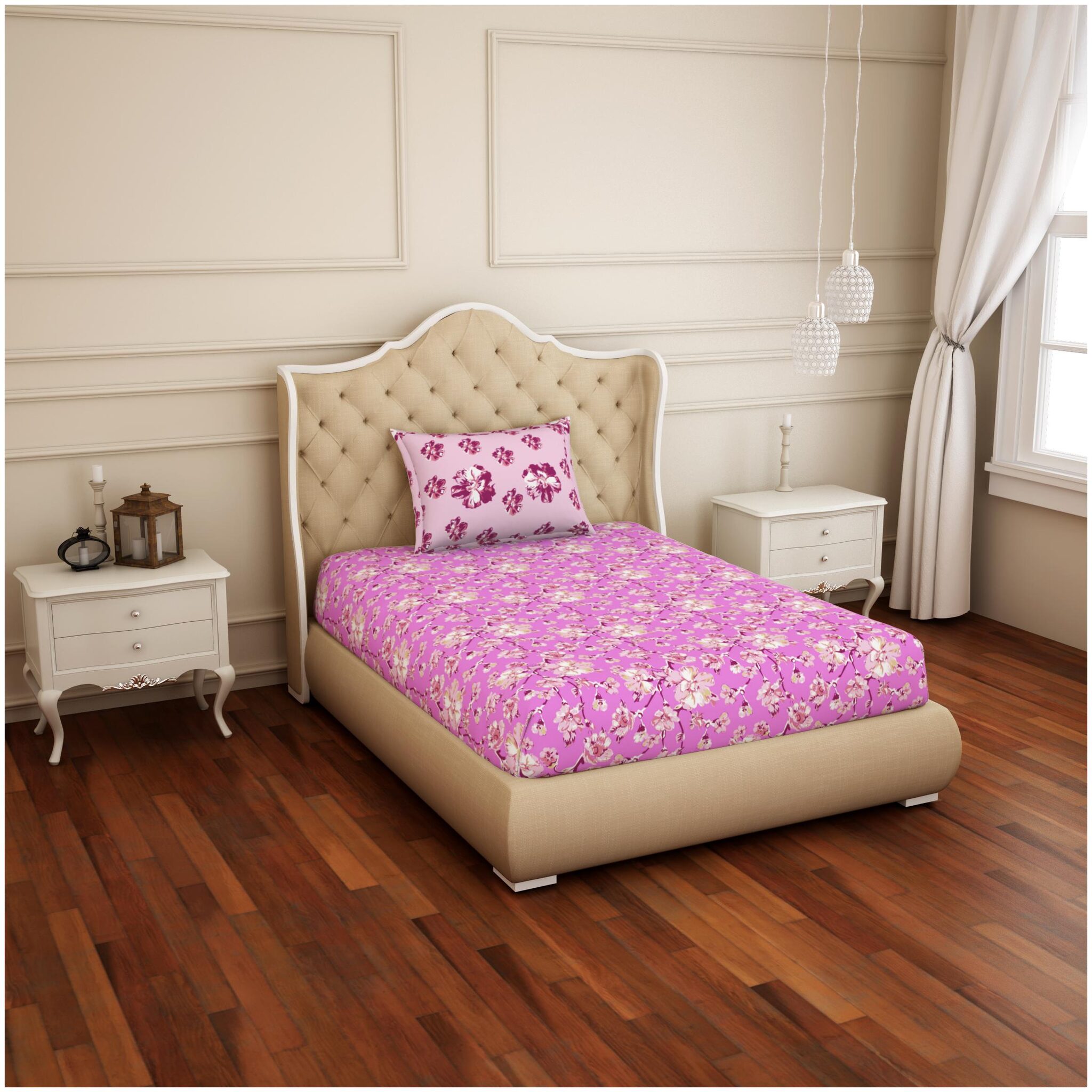 

Spaces Cotton Floral Single Size Bedsheet 144 TC ( 1 Bedsheet With 1 Pillow Covers Pink )