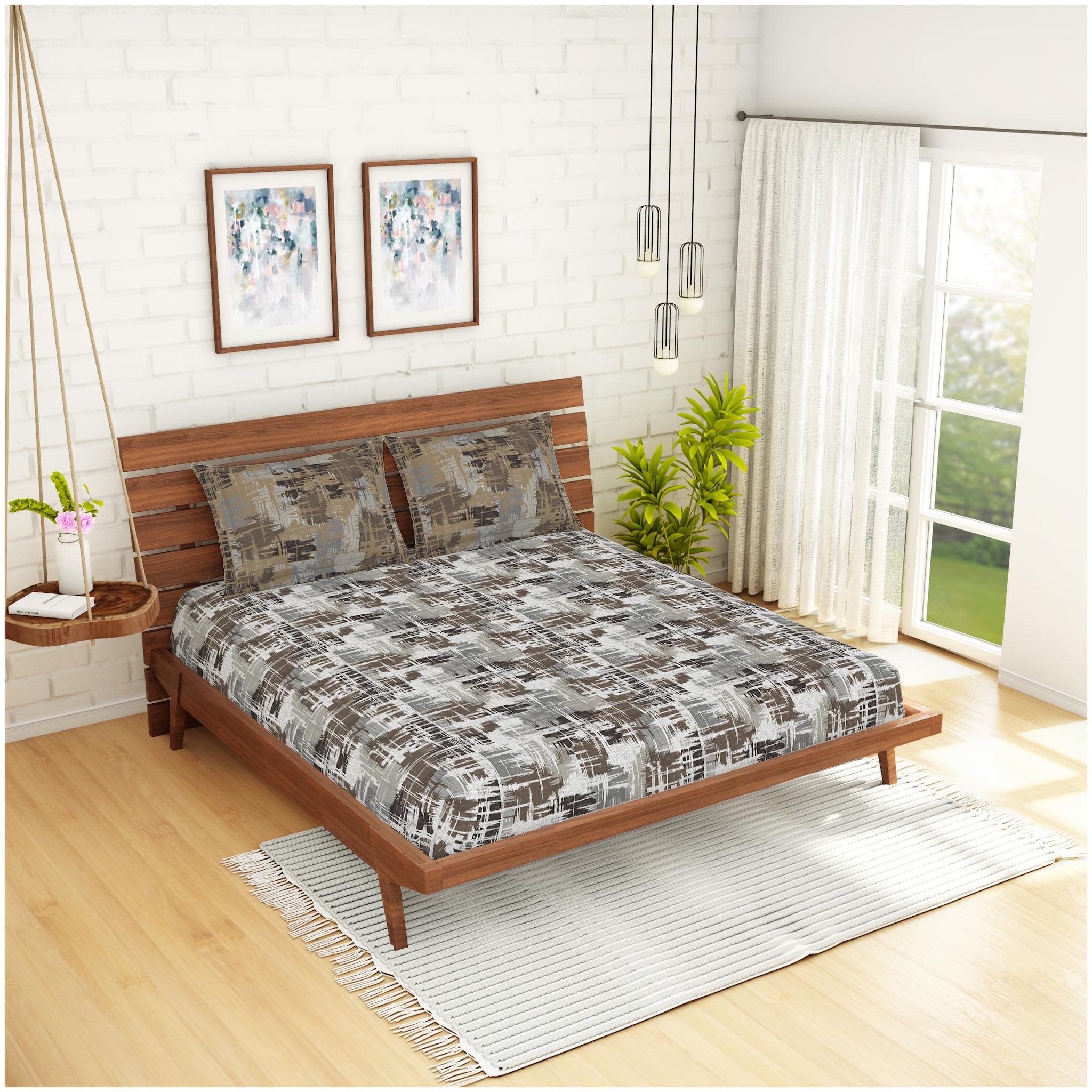 

Spaces Cotton Geometric King Size Bedsheet 144 TC ( 1 Bedsheet With 2 Pillow Covers Grey )