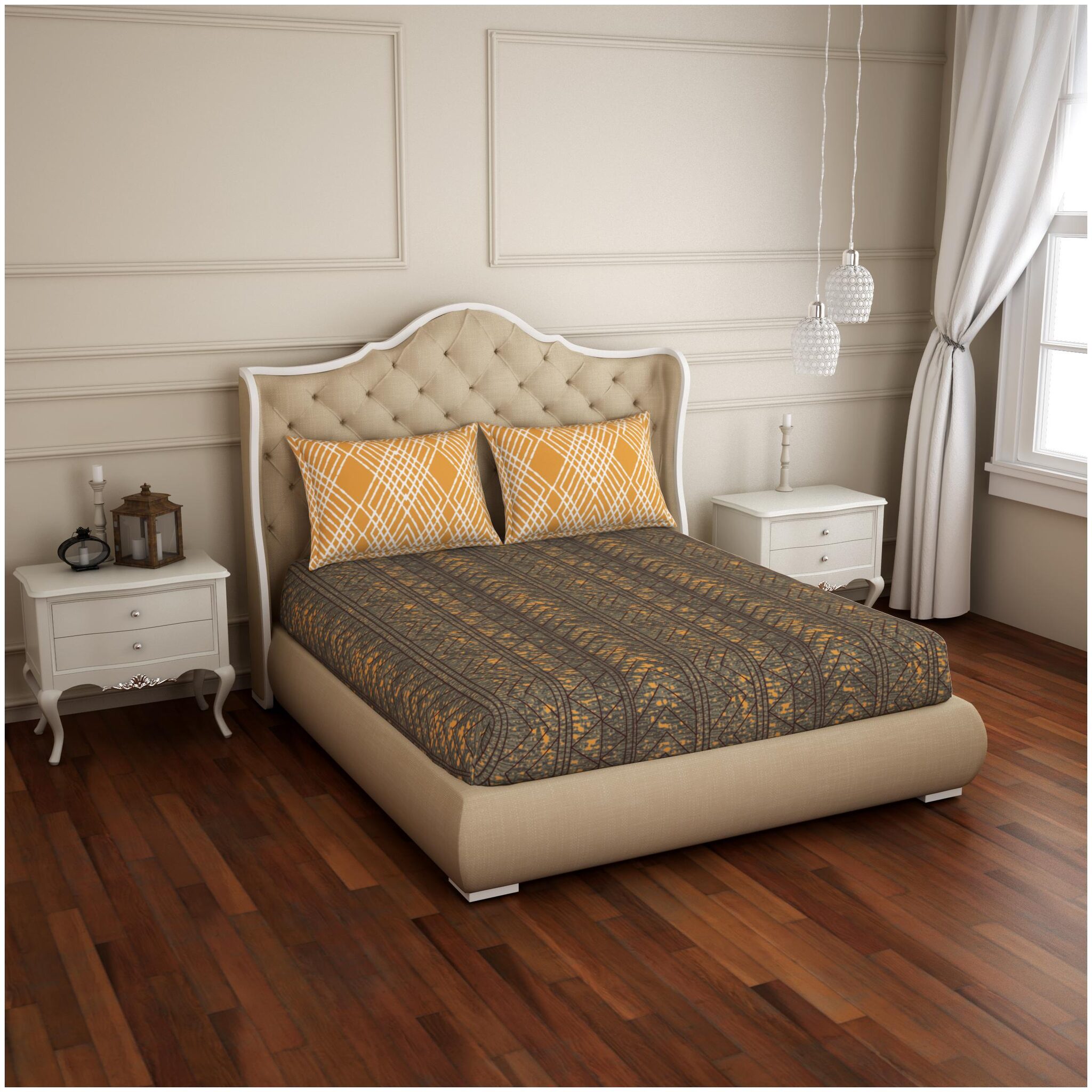 

Spaces Cotton Striped Double Size Bedsheet 144 TC ( 1 Bedsheet With 2 Pillow Covers Brown Yellow )